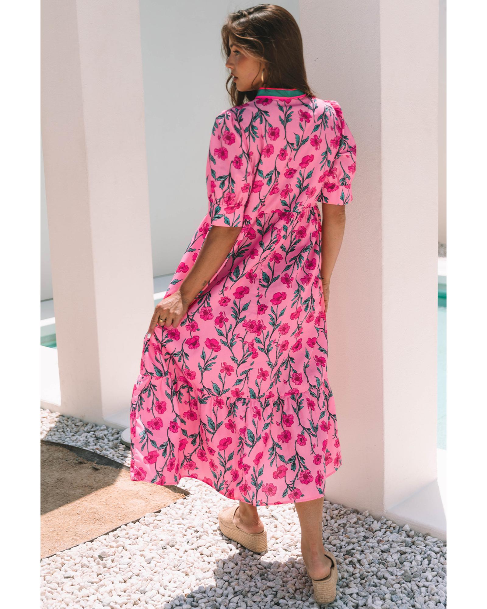 Azura Exchange Pink Floral Contrast Neckline A-line Puff Sleeve Long Dress Women - Picture 14 of 24