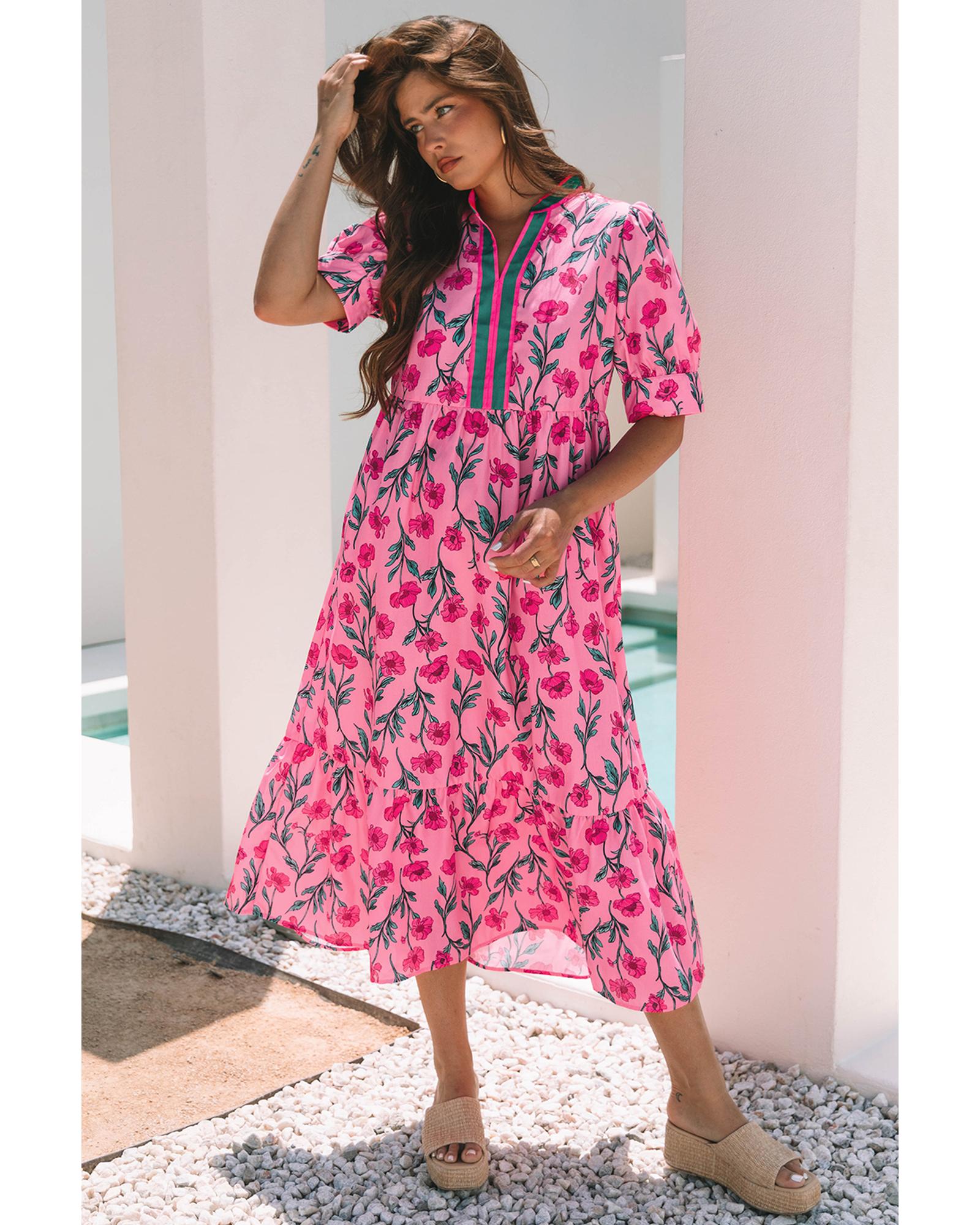 Azura Exchange Pink Floral Contrast Neckline A-line Puff Sleeve Long Dress Women - Picture 15 of 24