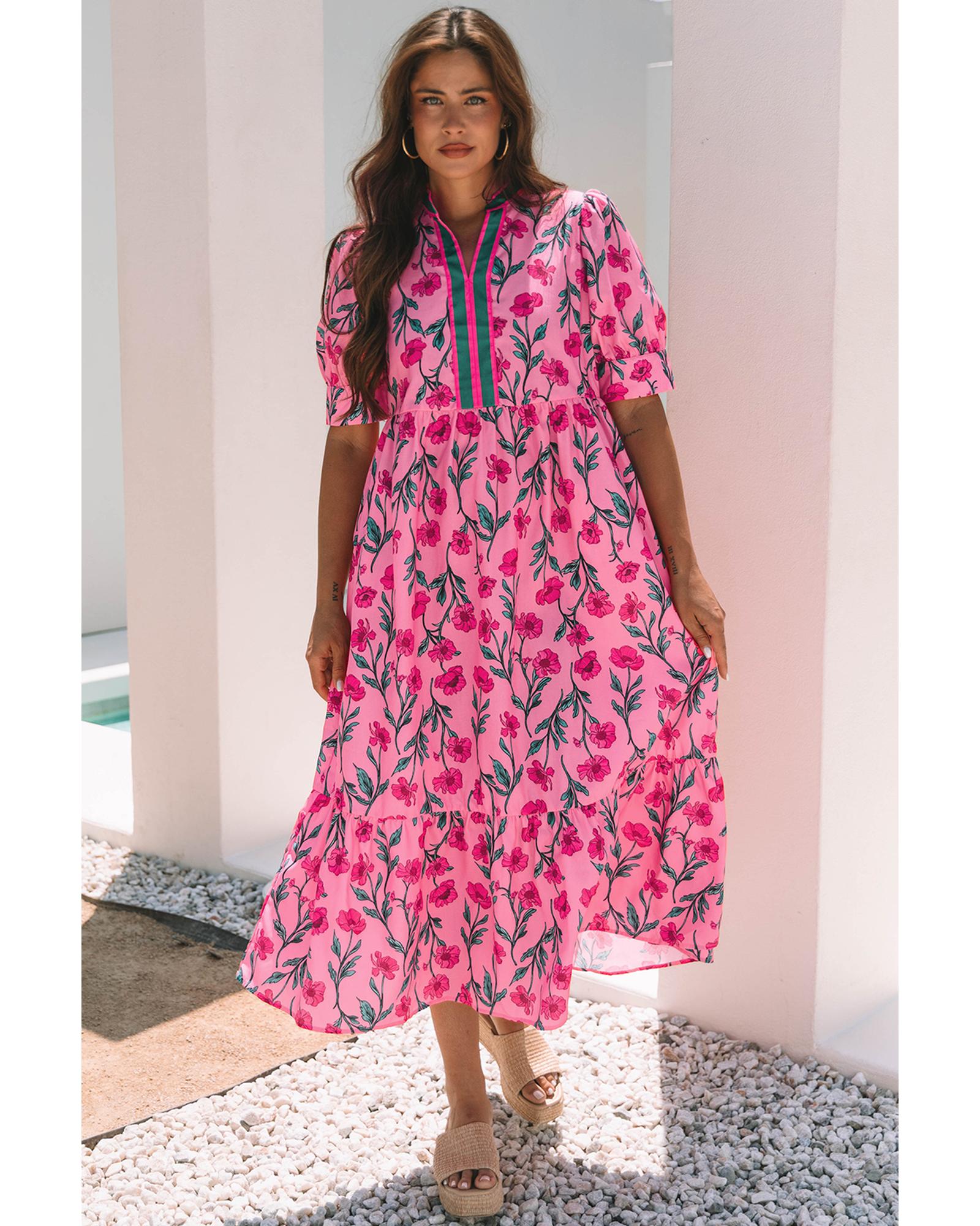 Azura Exchange Pink Floral Contrast Neckline A-line Puff Sleeve Long Dress Women - Picture 16 of 24