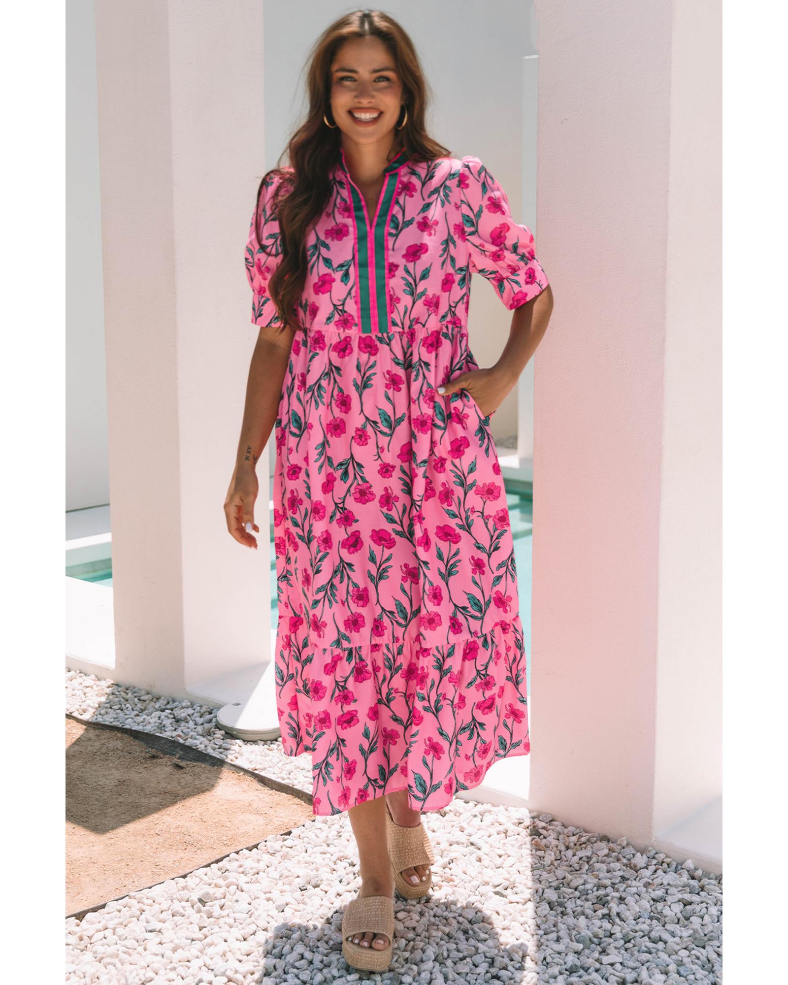 Azura Exchange Pink Floral Contrast Neckline A-line Puff Sleeve Long Dress Women - Picture 17 of 24