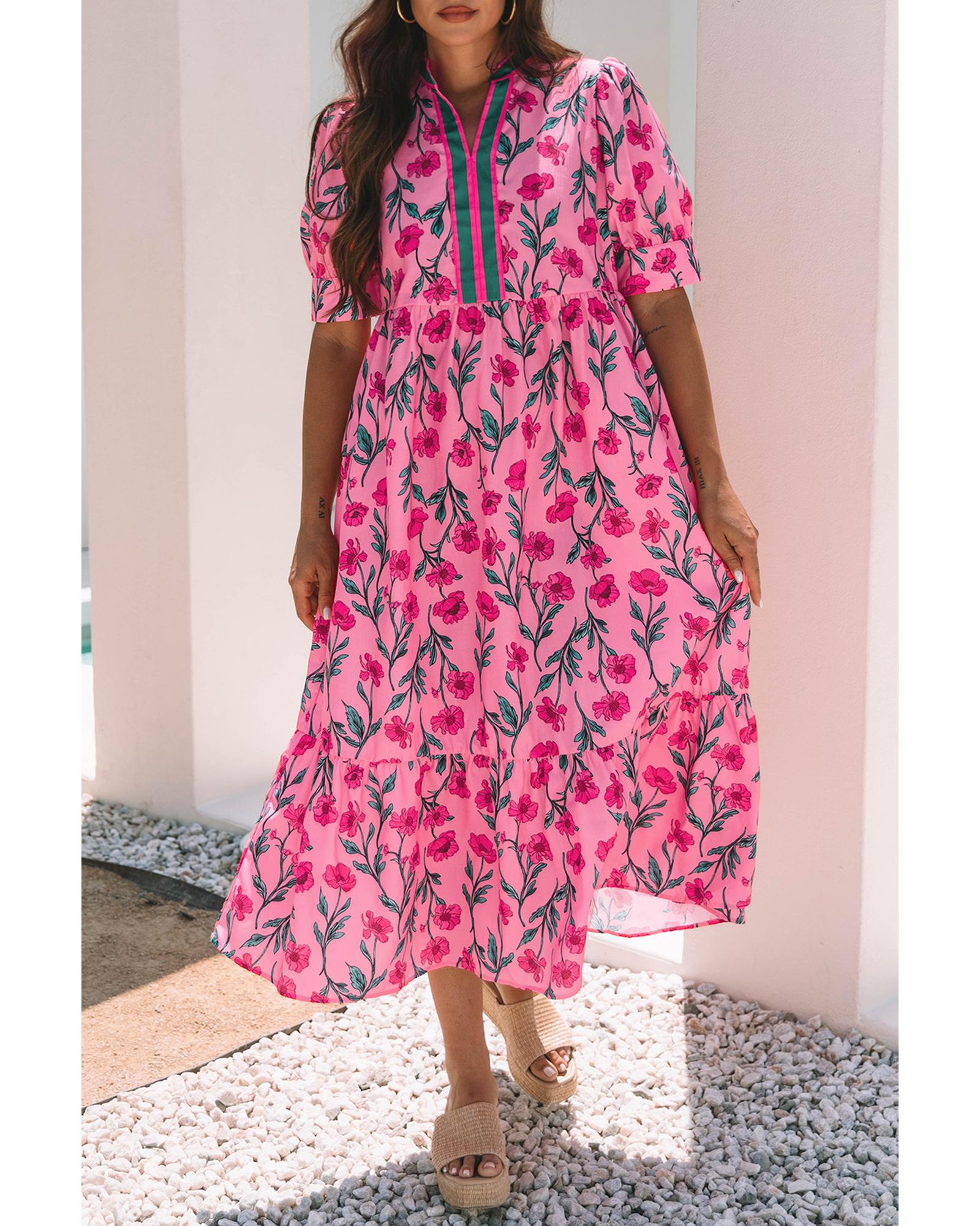 Azura Exchange Pink Floral Contrast Neckline A-line Puff Sleeve Long Dress Women - Picture 18 of 24