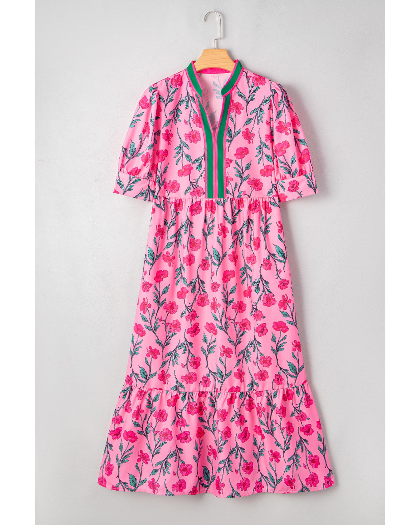 Azura Exchange Pink Floral Contrast Neckline A-line Puff Sleeve Long Dress Women - Picture 19 of 24