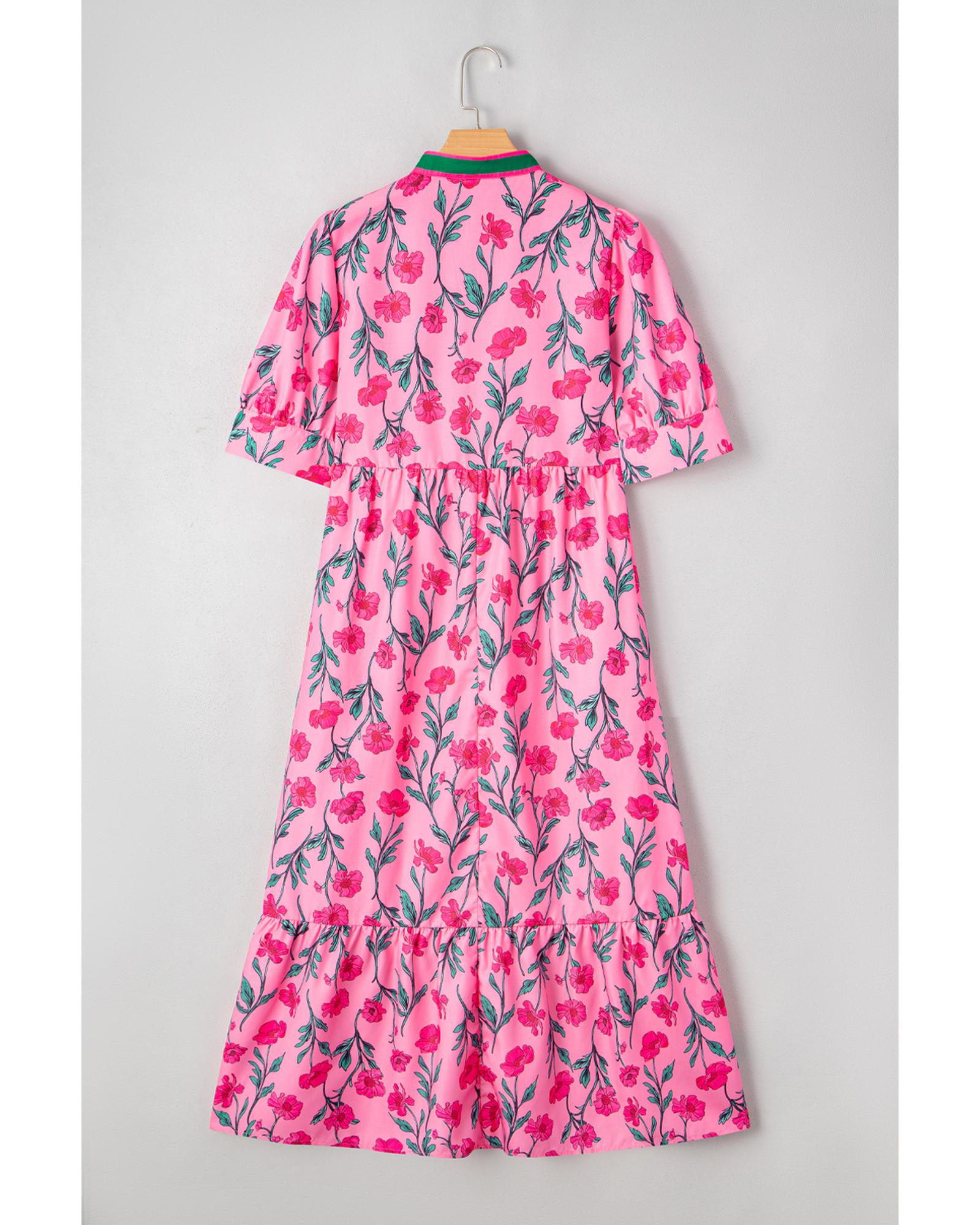 Azura Exchange Pink Floral Contrast Neckline A-line Puff Sleeve Long Dress Women - Picture 20 of 24