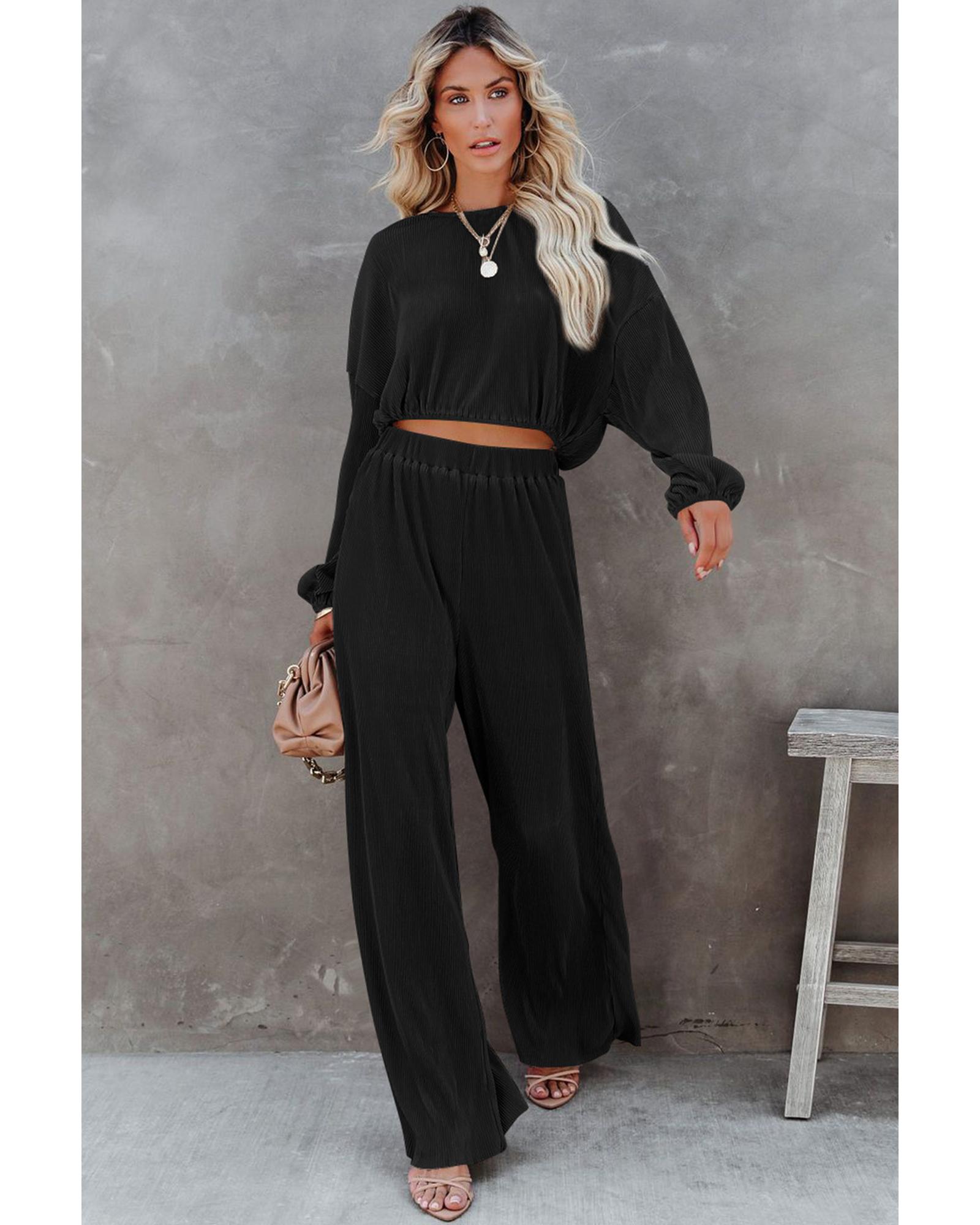 Black Corded Cropped Pullover and Wide Leg Pants Set  -  Sets -Size XL