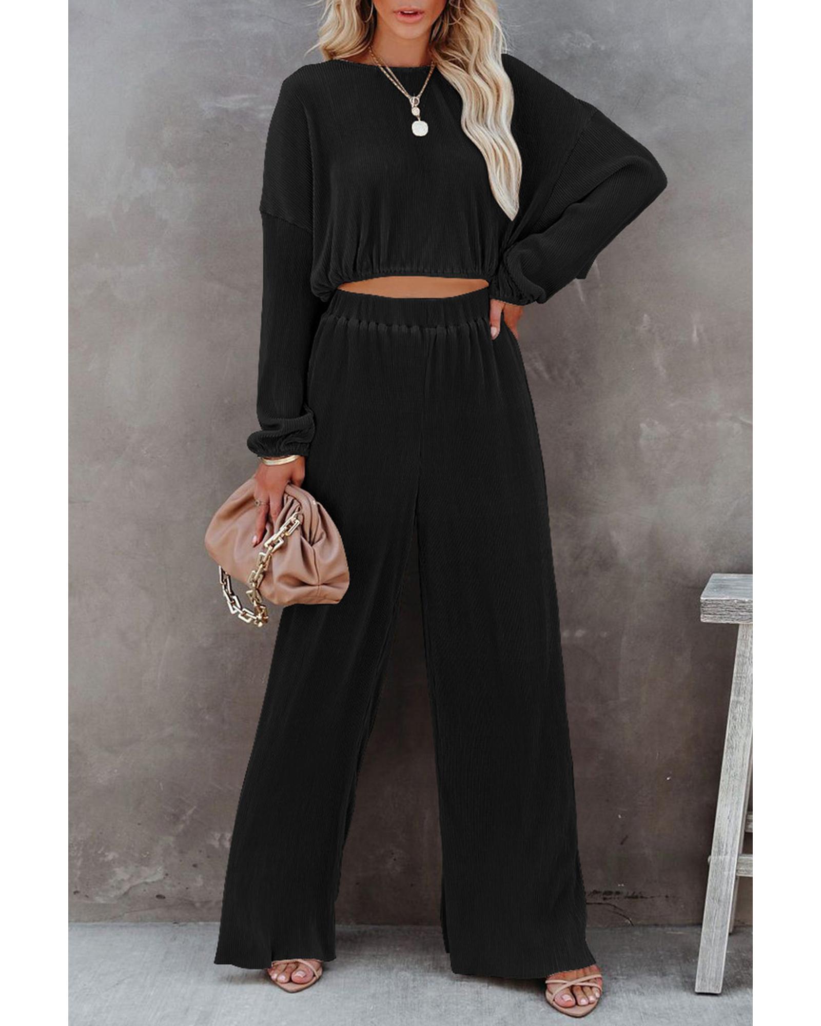 Black Corded Cropped Pullover and Wide Leg Pants Set  -  Sets -Size XL