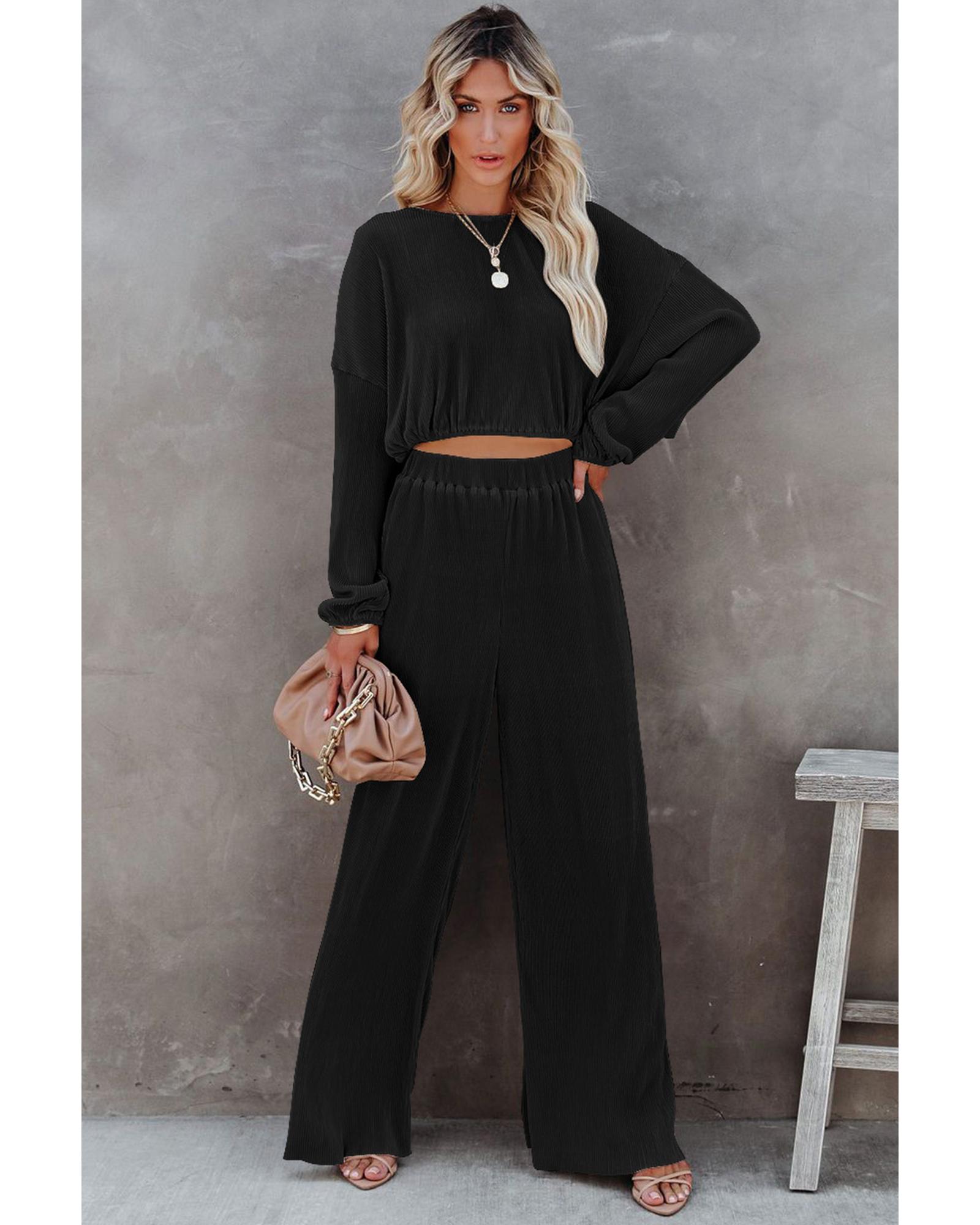 Black Corded Cropped Pullover and Wide Leg Pants Set  -  Sets -Size XL