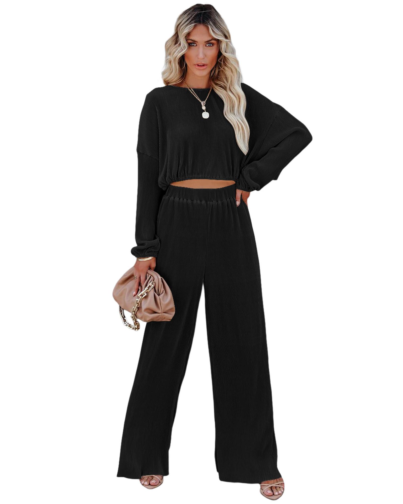 Black Corded Cropped Pullover and Wide Leg Pants Set  -  Sets -Size XL