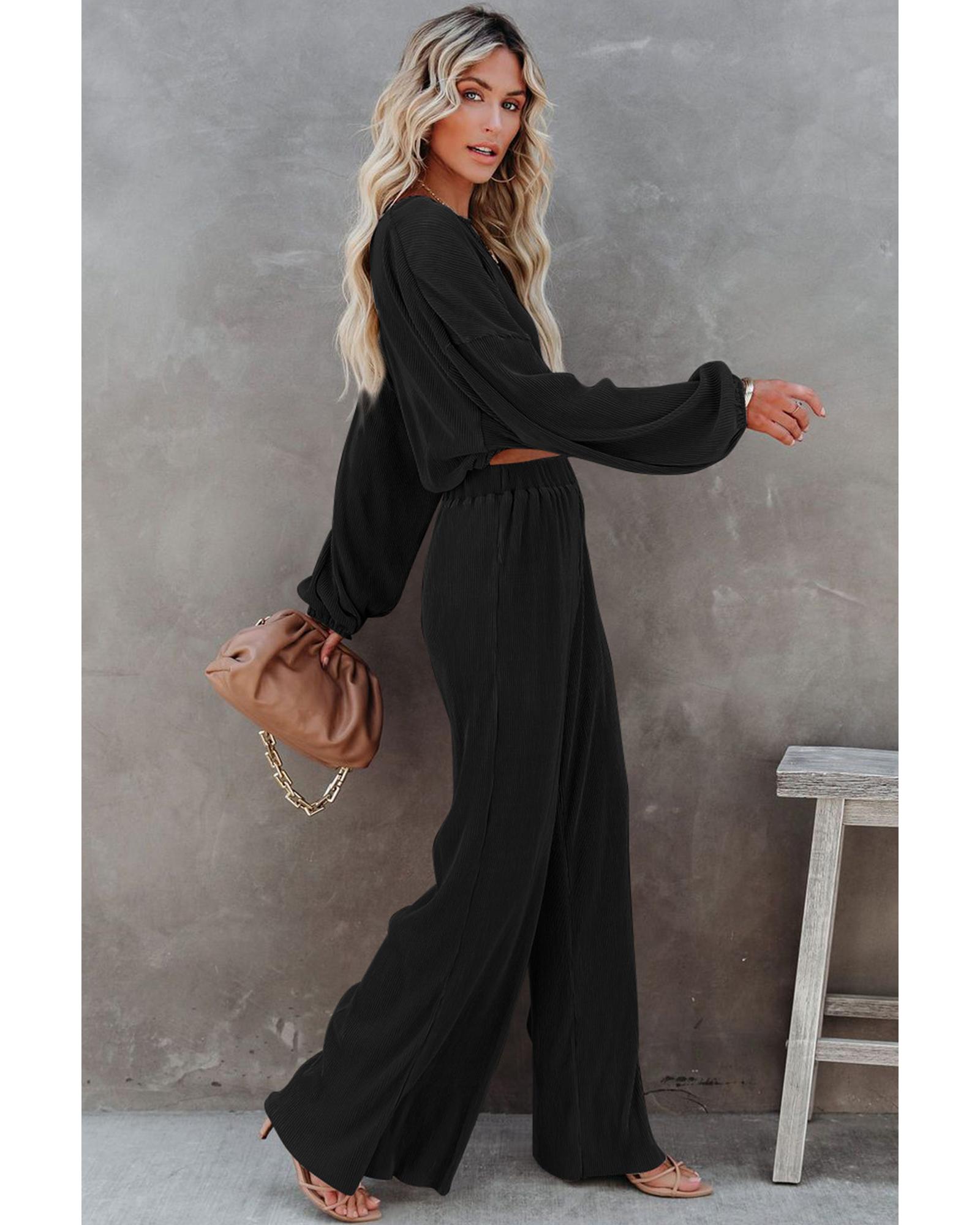 Black Corded Cropped Pullover and Wide Leg Pants Set  -  Sets -Size XL