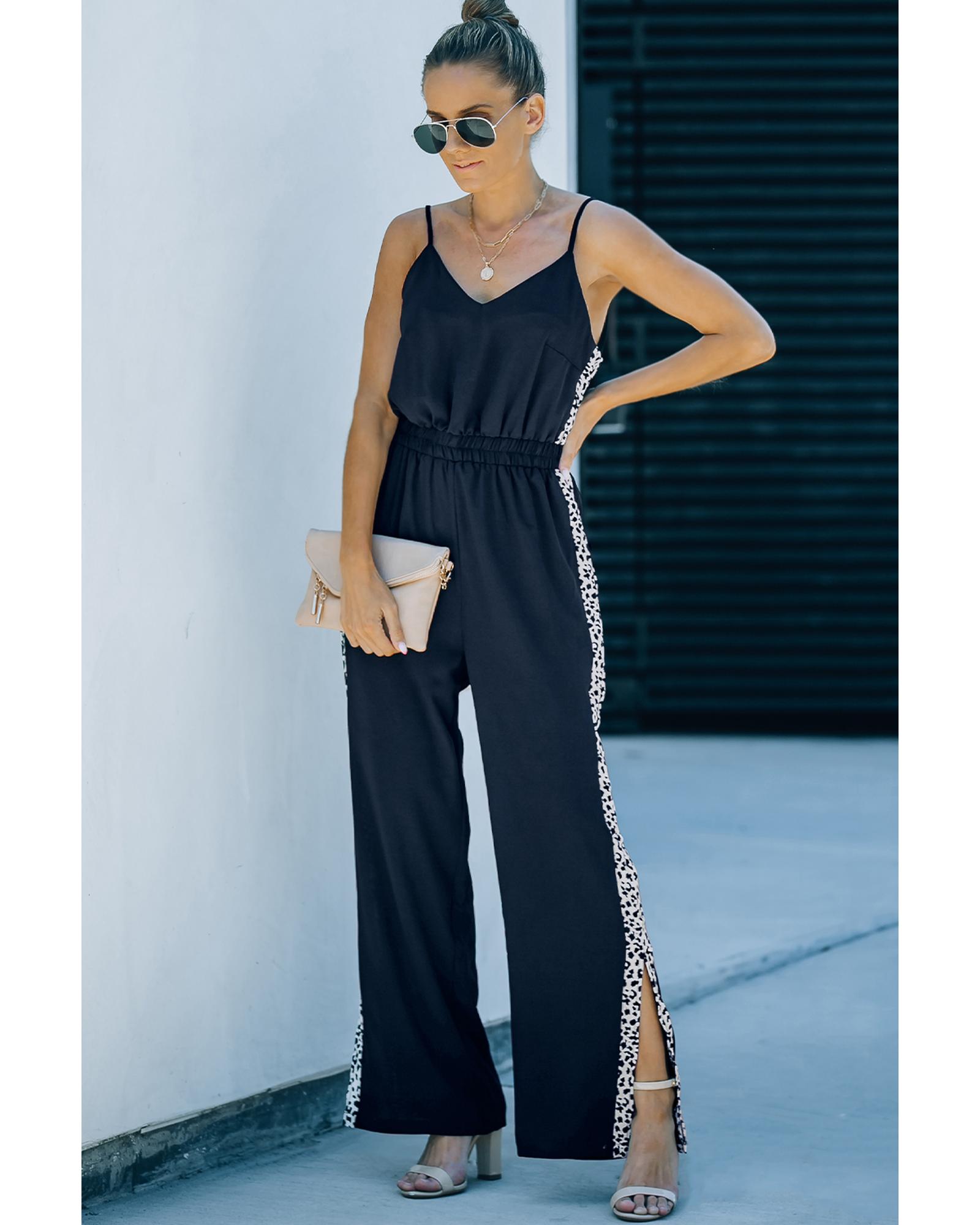 Patchwork Wide Leg Jumpsuit  -  Jumpsuits & Rompers  - Black -Size M