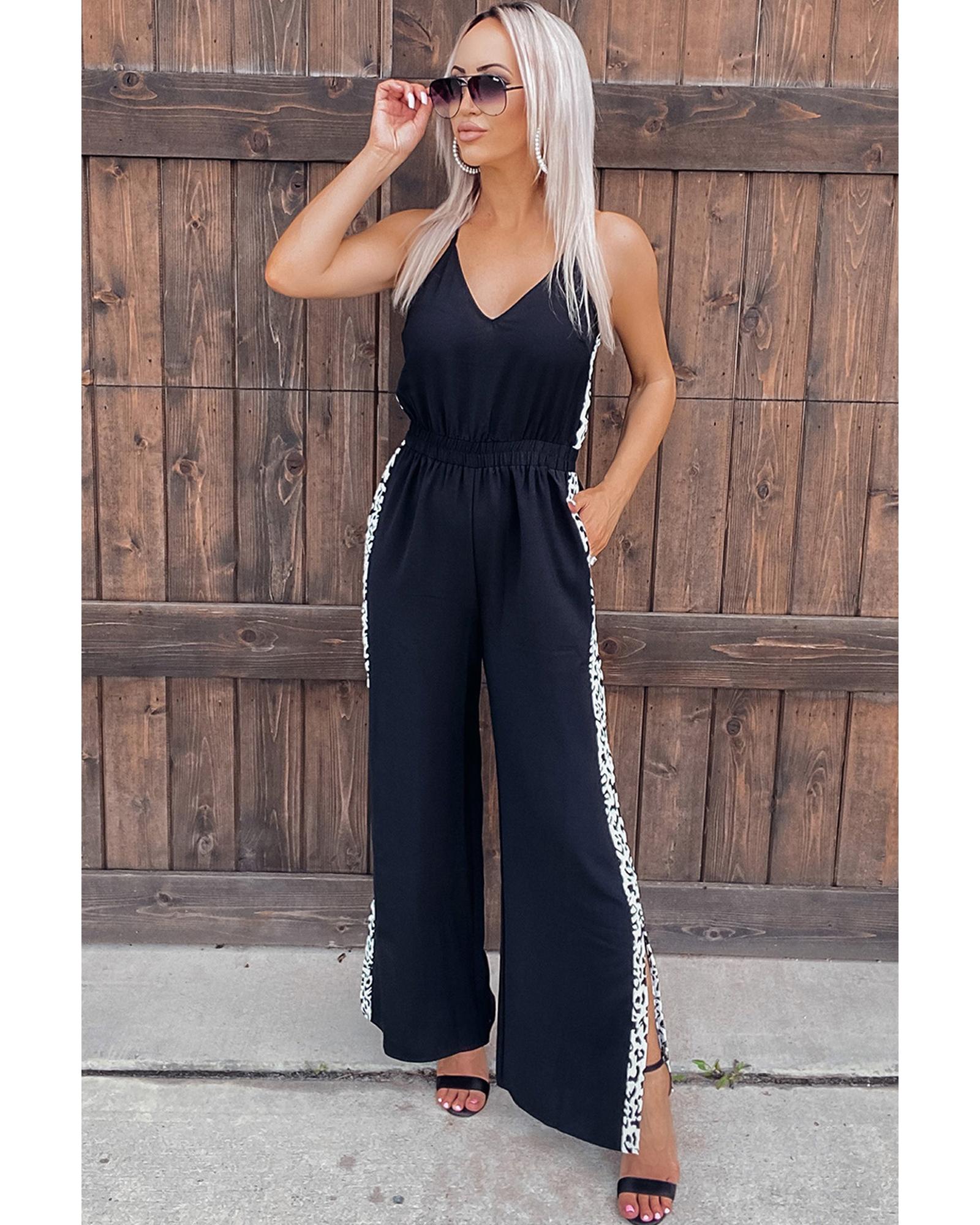 Patchwork Wide Leg Jumpsuit  -  Jumpsuits & Rompers  - Black -Size M