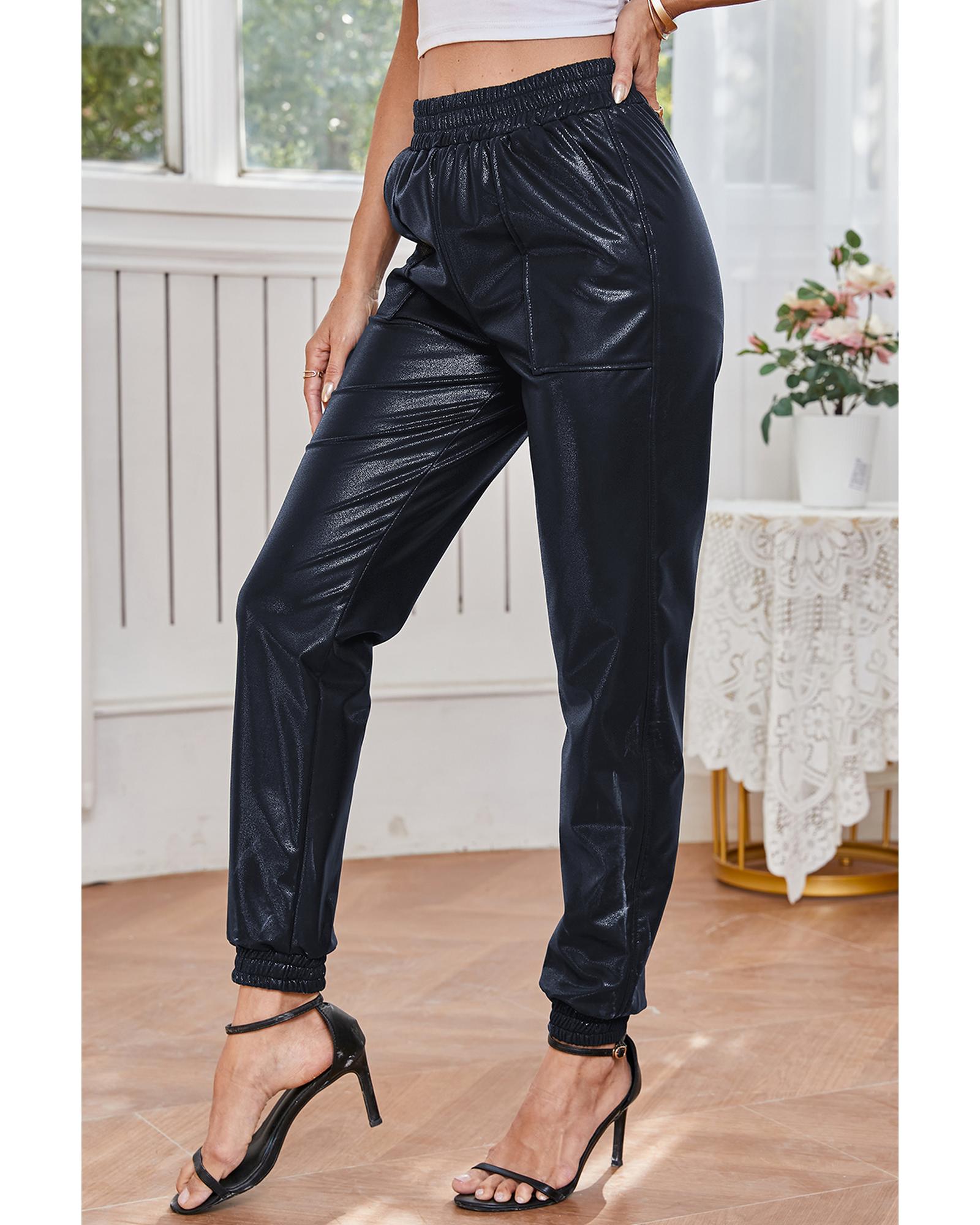 Azura Exchange Black Elastic Waist Pocketed Pebble Joggers Women Pants - Imagen 36 de 48