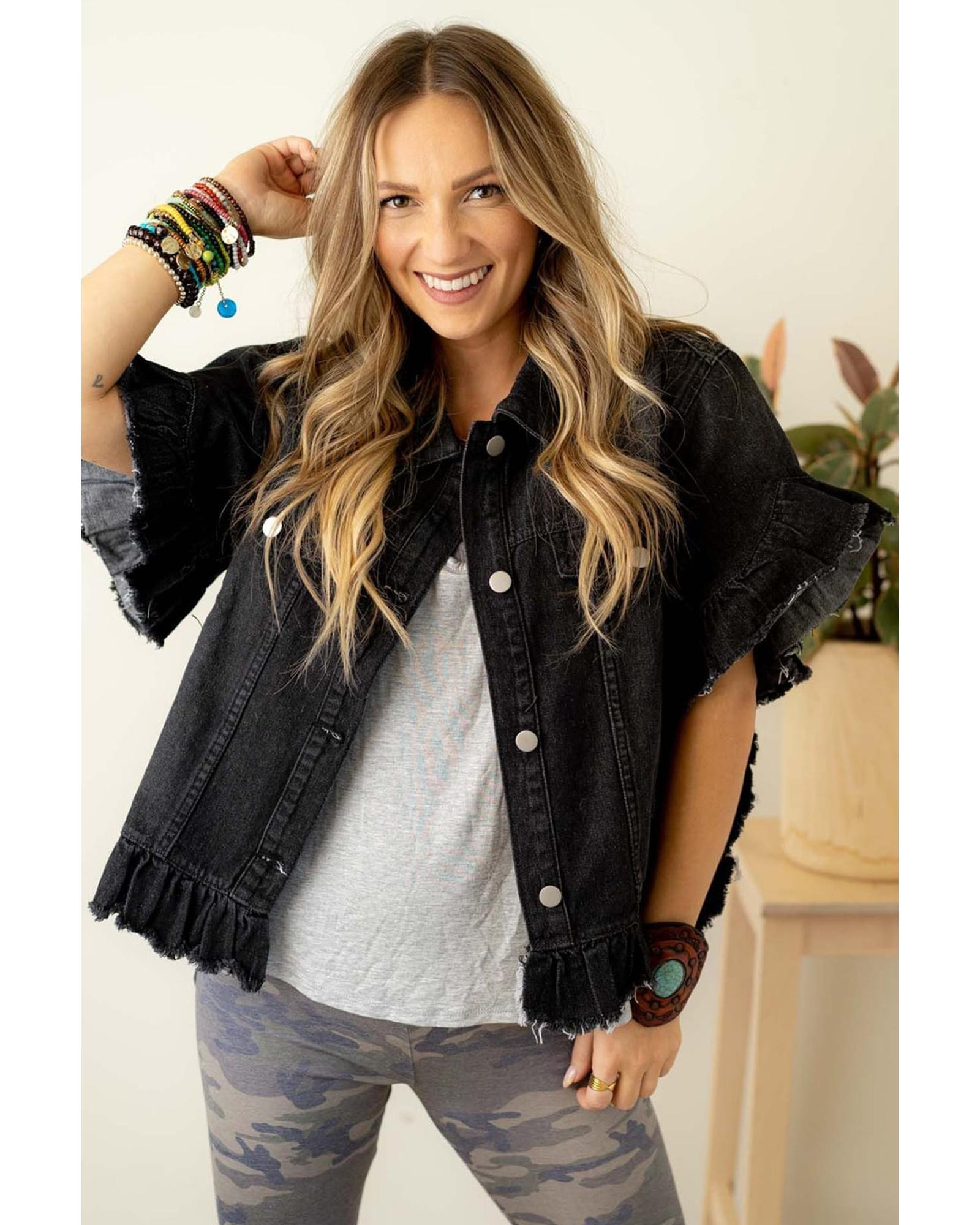 Azura Exchange Black Raw Edge Ruffled Short Sleeve Denim Jacket Women - Imagen 35 de 48