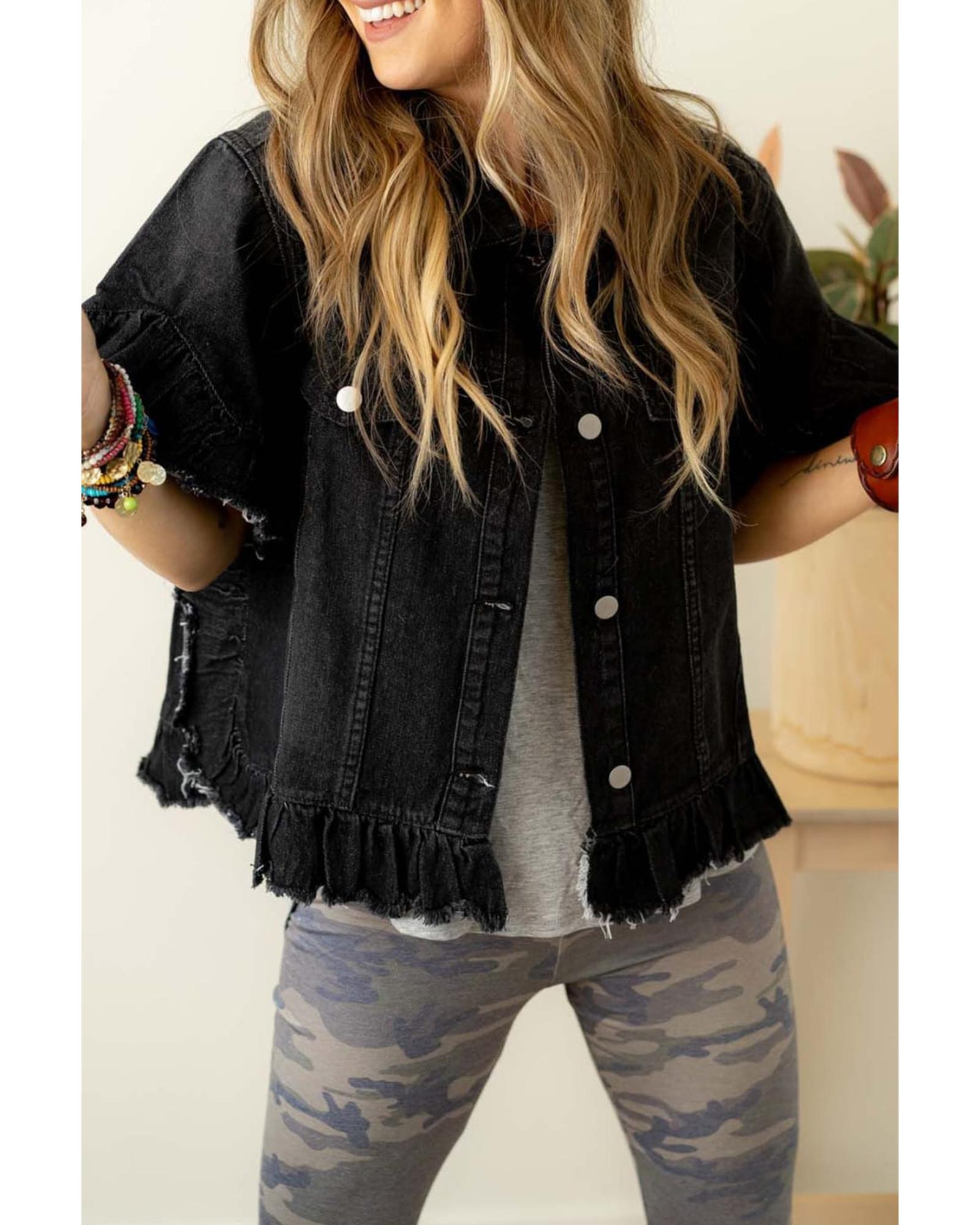 Azura Exchange Black Raw Edge Ruffled Short Sleeve Denim Jacket Women - Imagen 36 de 48