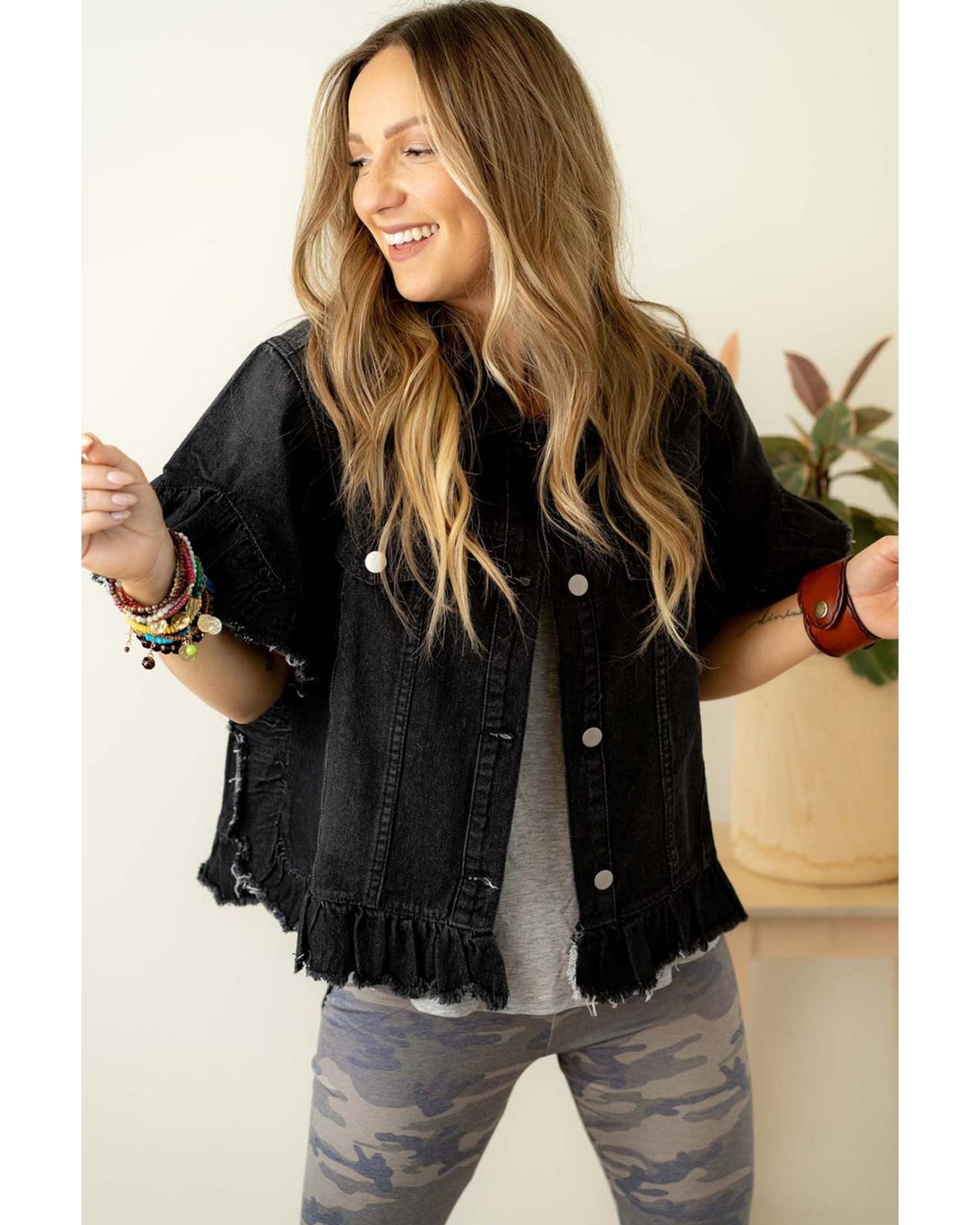 Azura Exchange Black Raw Edge Ruffled Short Sleeve Denim Jacket Women - Imagen 26 de 48