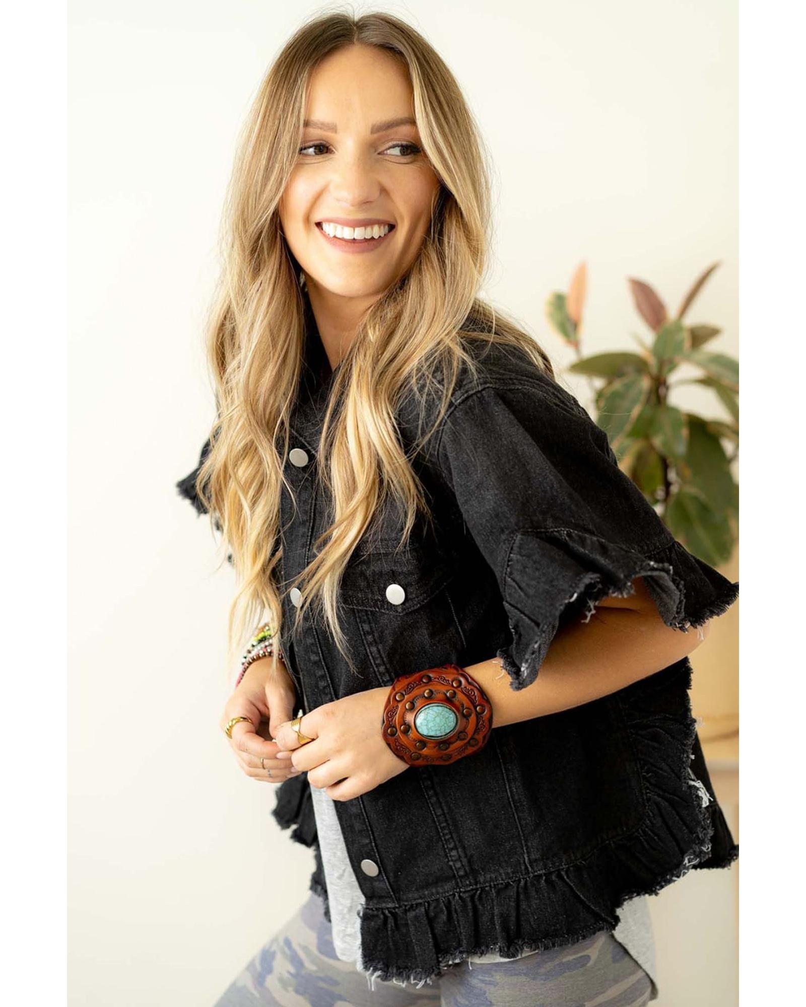 Azura Exchange Black Raw Edge Ruffled Short Sleeve Denim Jacket Women - Imagen 27 de 48