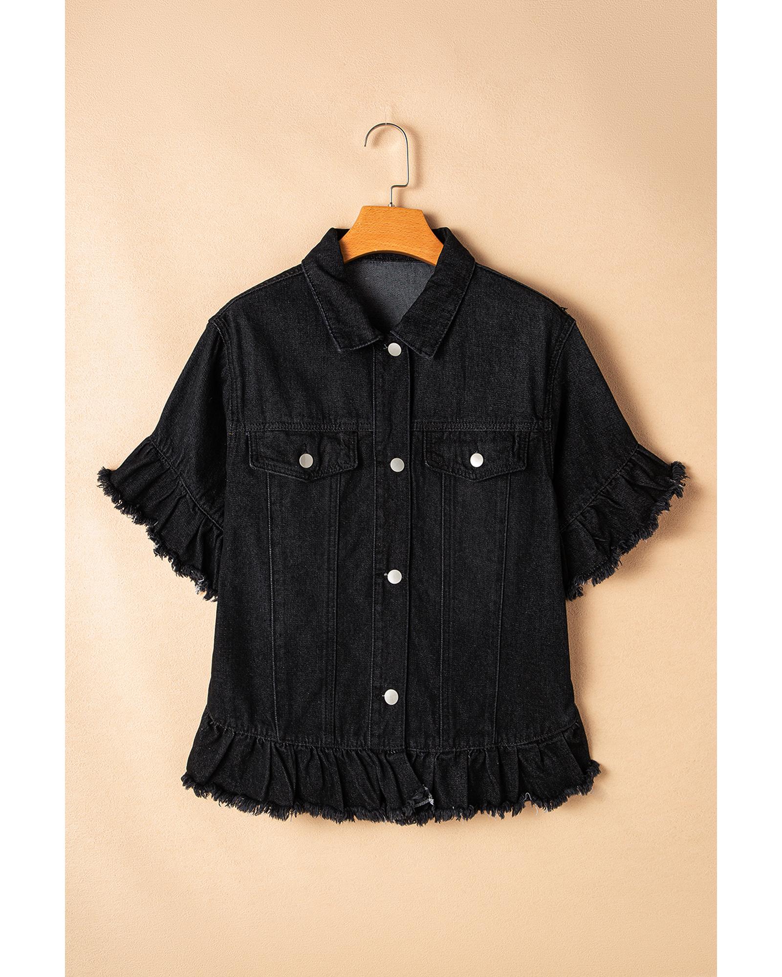 Azura Exchange Black Raw Edge Ruffled Short Sleeve Denim Jacket Women - Imagen 29 de 48