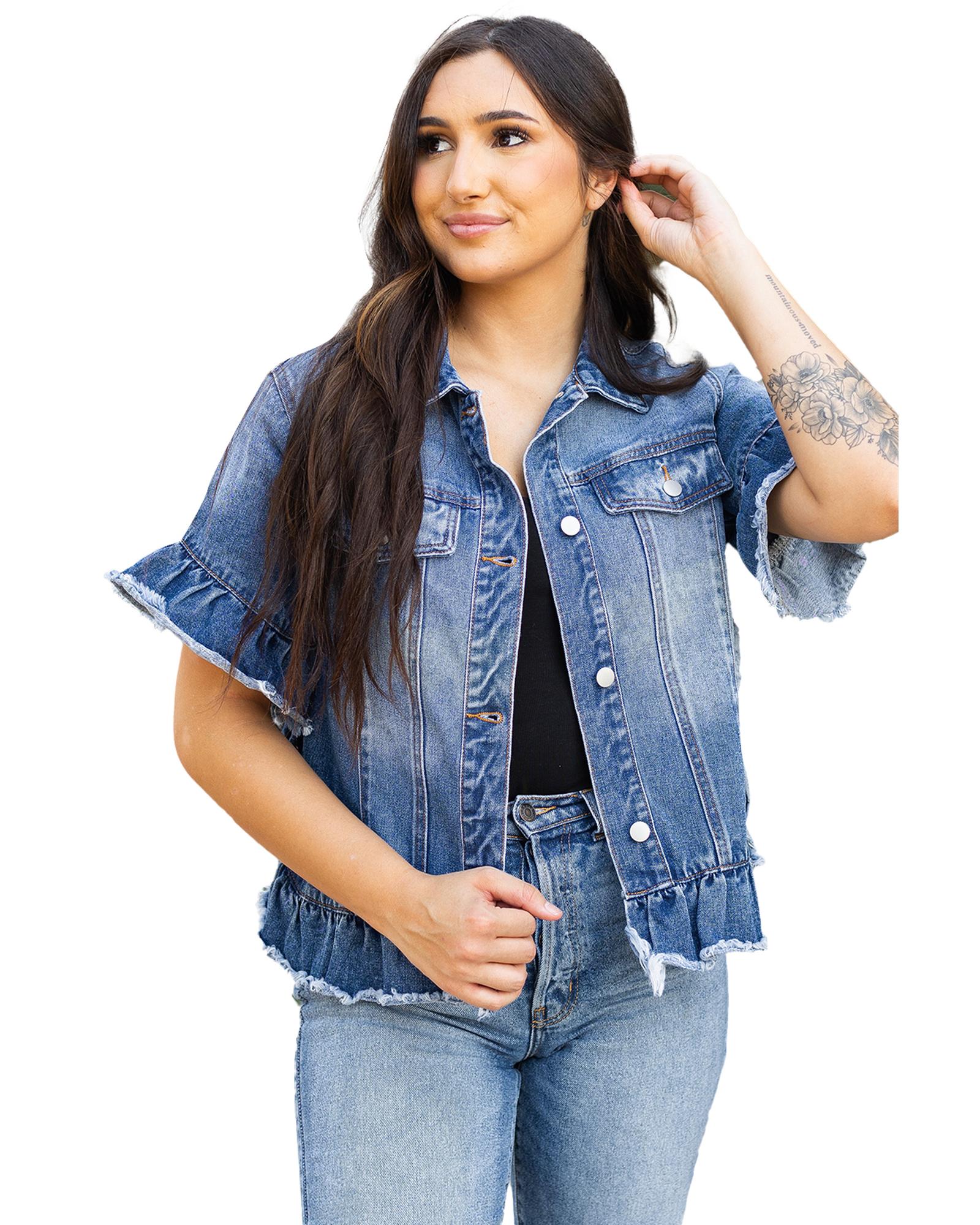 Azura Exchange Peacock Blue Raw Edge Ruffled Short Sleeve Denim Jacket Women - Imagen 22 de 24