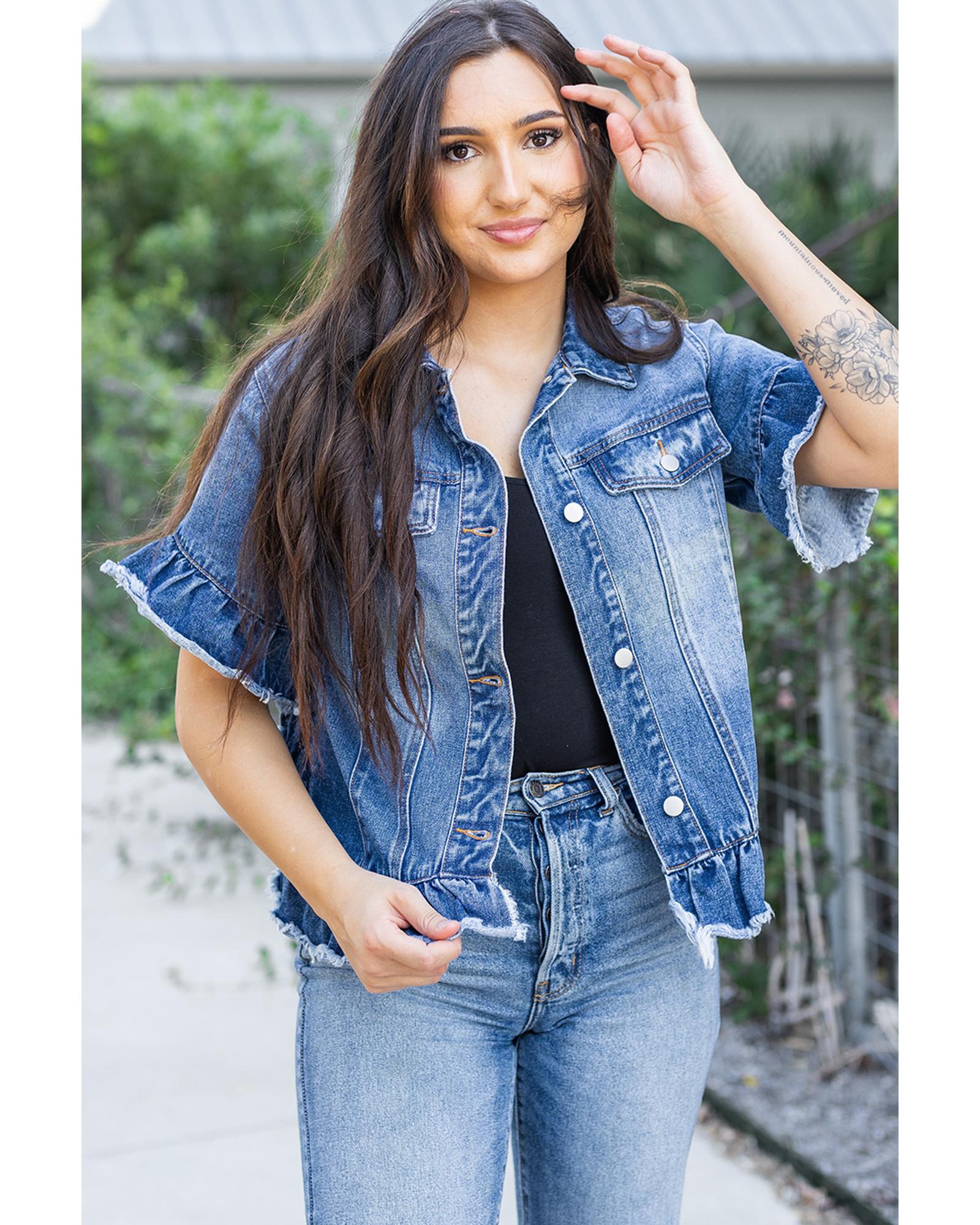 Azura Exchange Peacock Blue Raw Edge Ruffled Short Sleeve Denim Jacket Women - Imagen 13 de 24