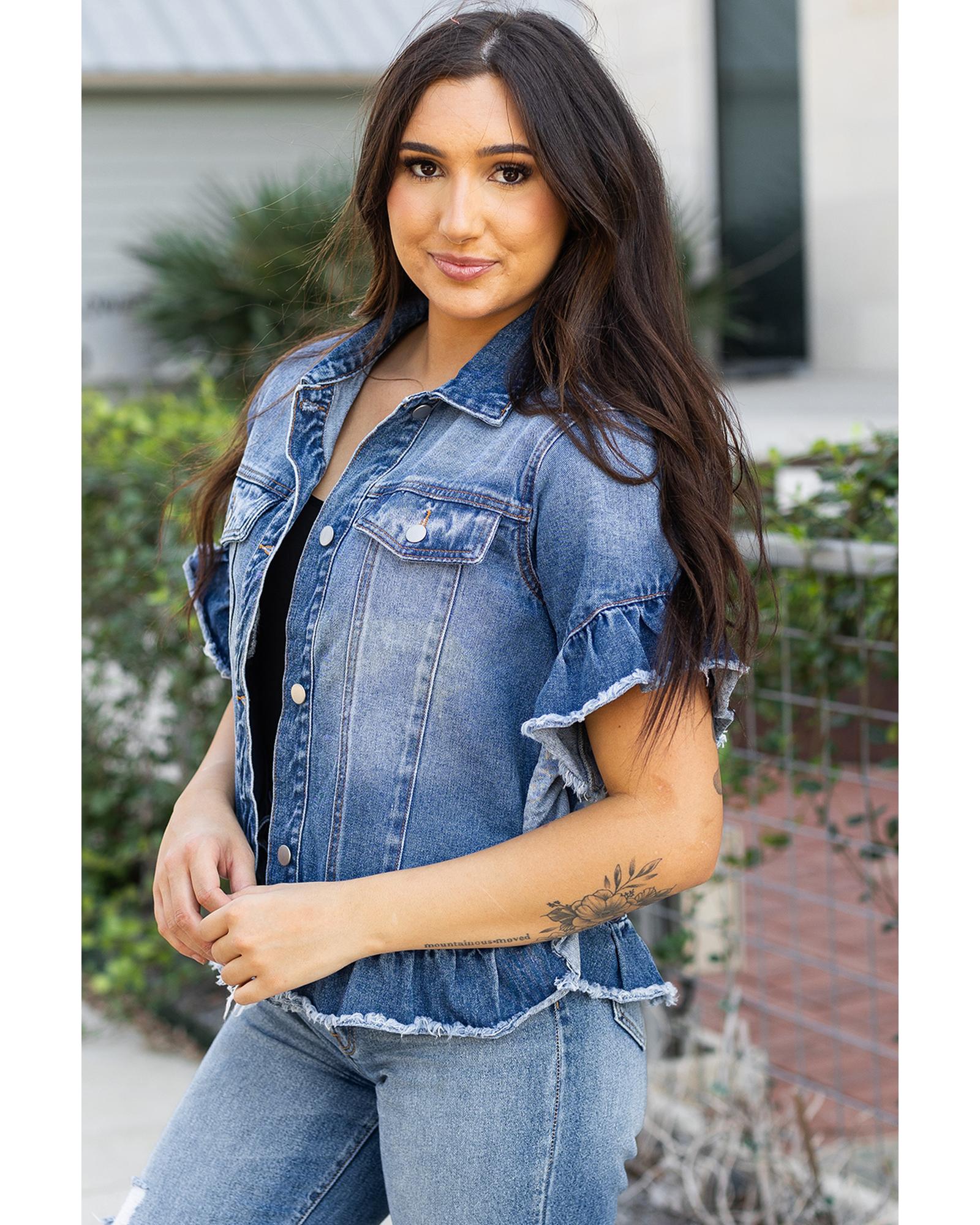 Azura Exchange Peacock Blue Raw Edge Ruffled Short Sleeve Denim Jacket Women - Imagen 14 de 24