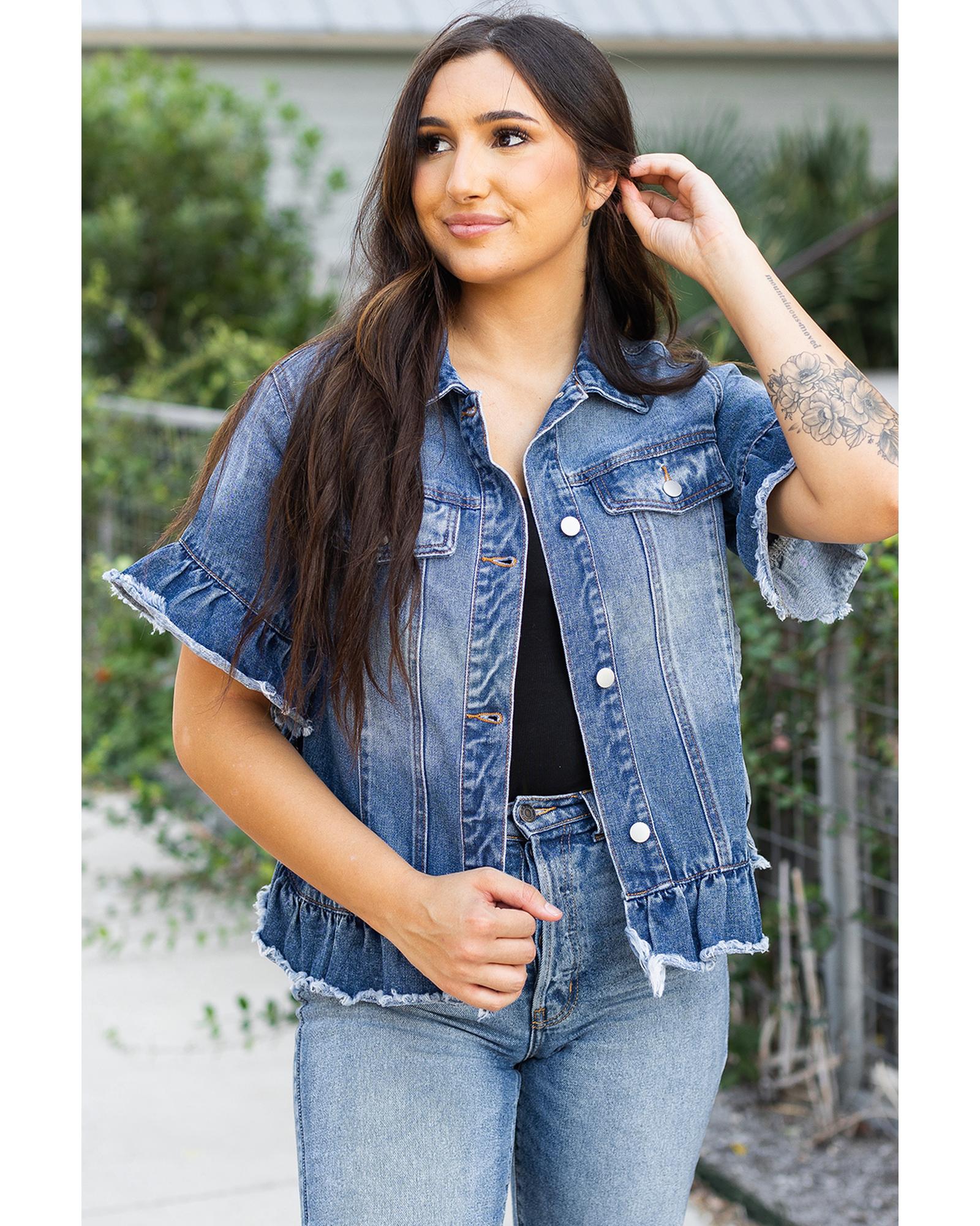 Azura Exchange Peacock Blue Raw Edge Ruffled Short Sleeve Denim Jacket Women - Imagen 15 de 24