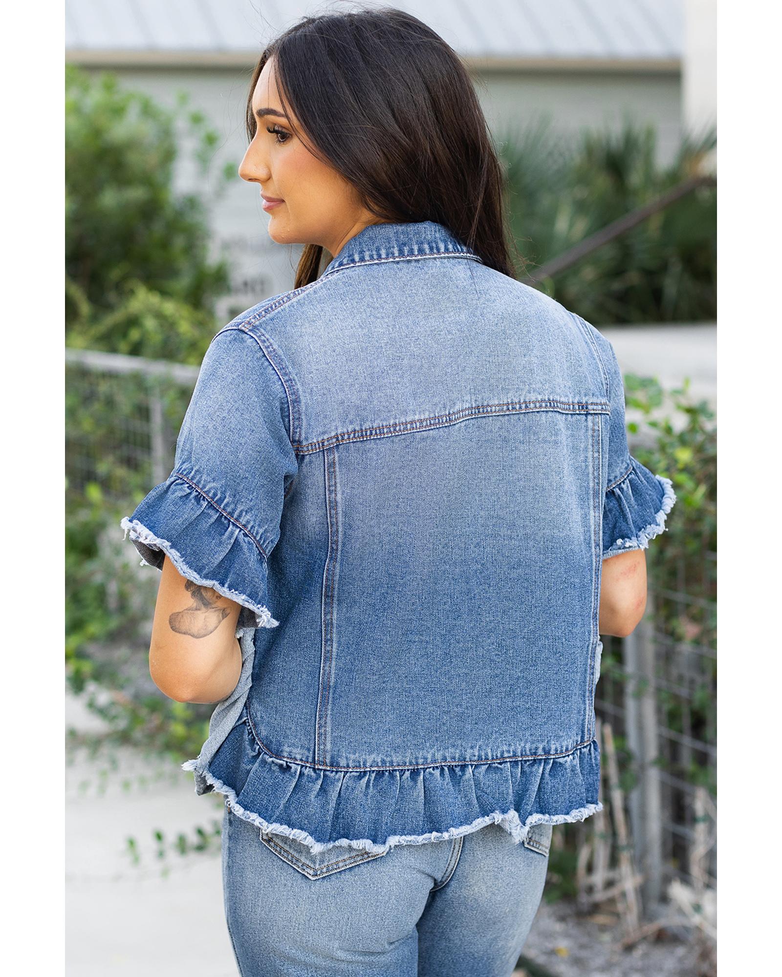 Azura Exchange Peacock Blue Raw Edge Ruffled Short Sleeve Denim Jacket Women - Imagen 16 de 24