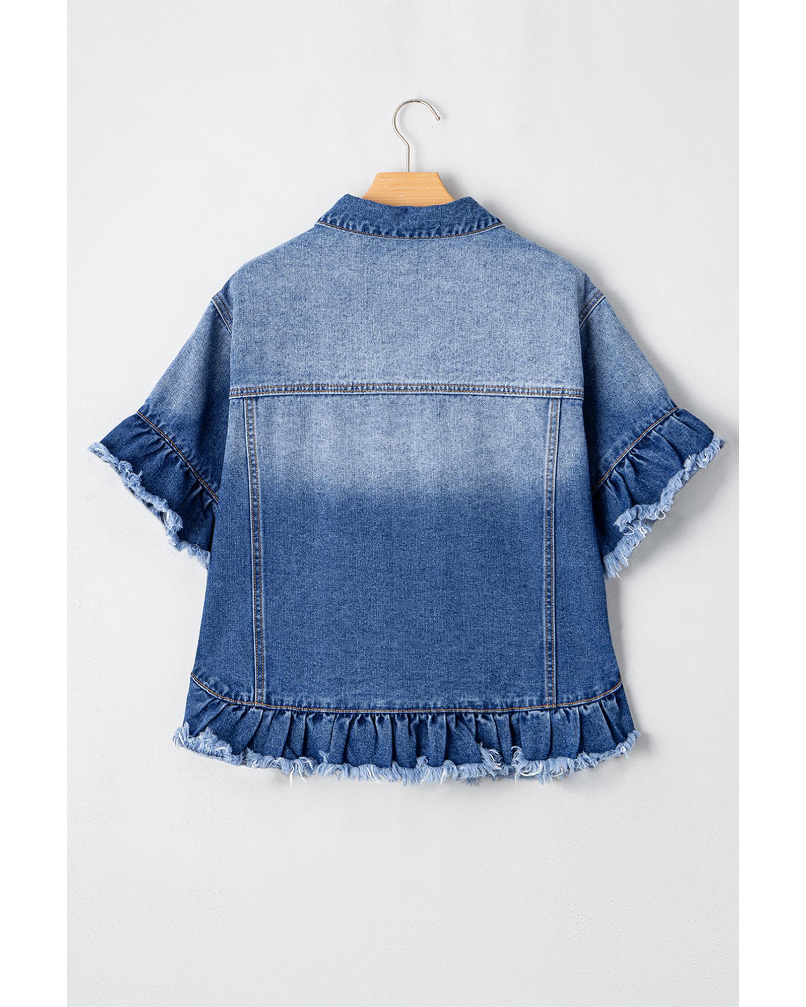 Azura Exchange Peacock Blue Raw Edge Ruffled Short Sleeve Denim Jacket Women - Imagen 18 de 24