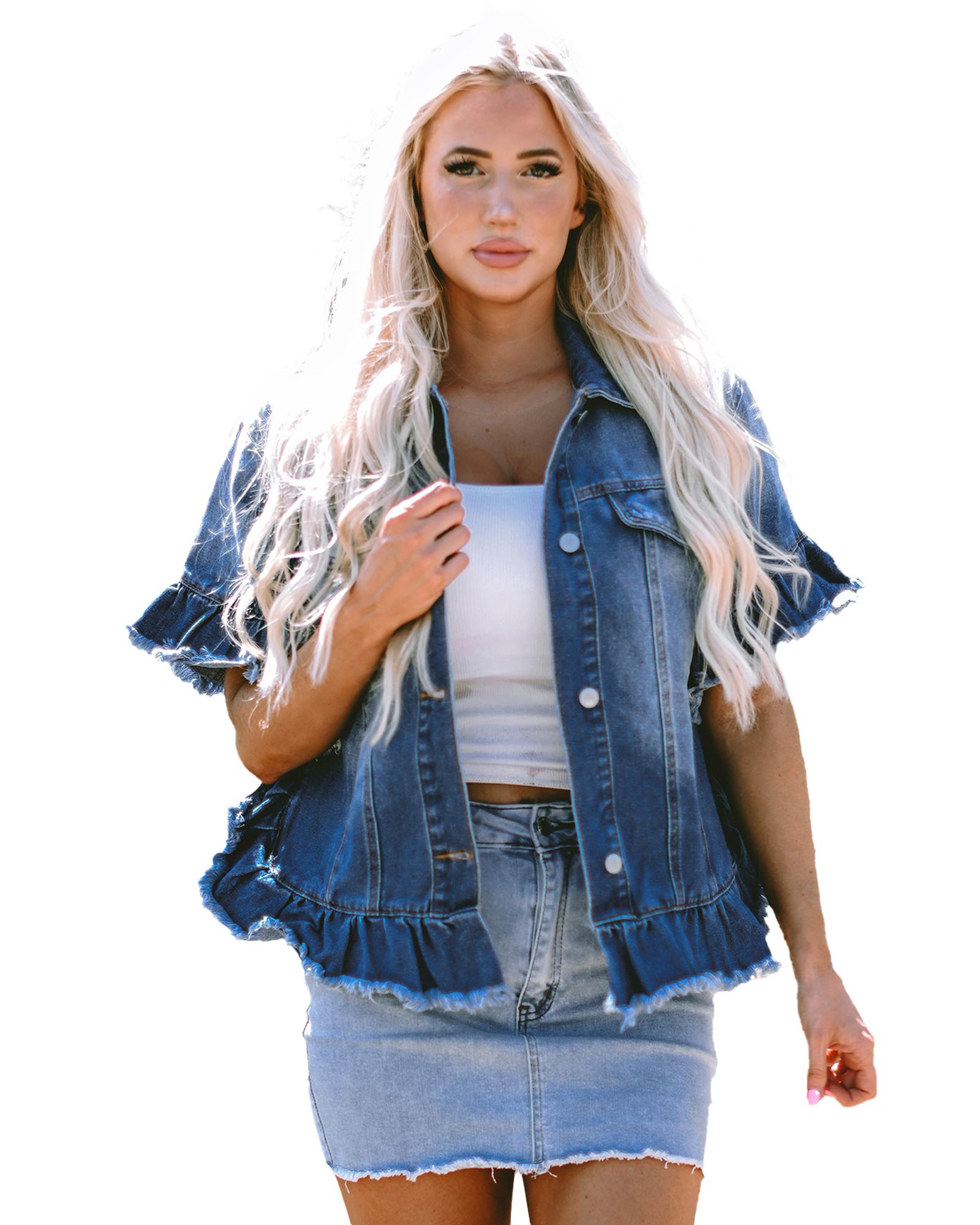 Azura Exchange Peacock Blue Raw Edge Ruffled Short Sleeve Denim Jacket Women - Imagen 19 de 24