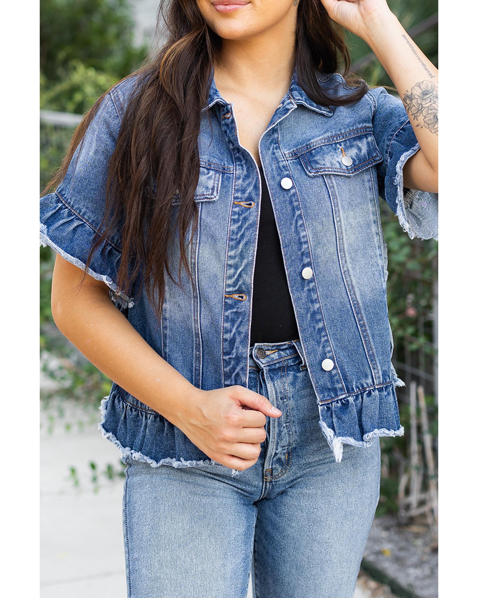 Azura Exchange Peacock Blue Raw Edge Ruffled Short Sleeve Denim Jacket Women - Imagen 21 de 24
