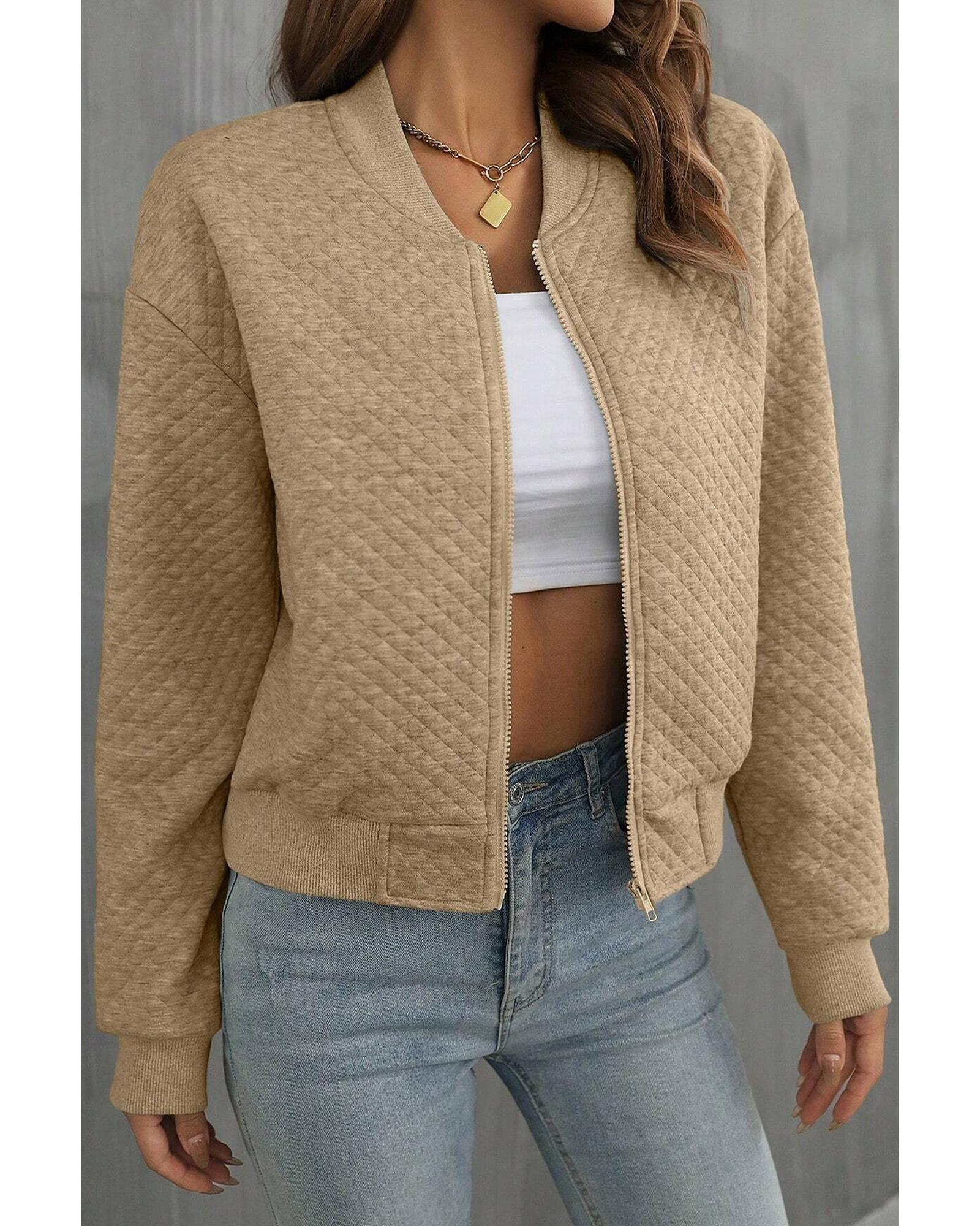 Azura Exchange Pale Khaki Solid Geometric Textured Baseball Collar Jacket Women - Picture 23 of 36