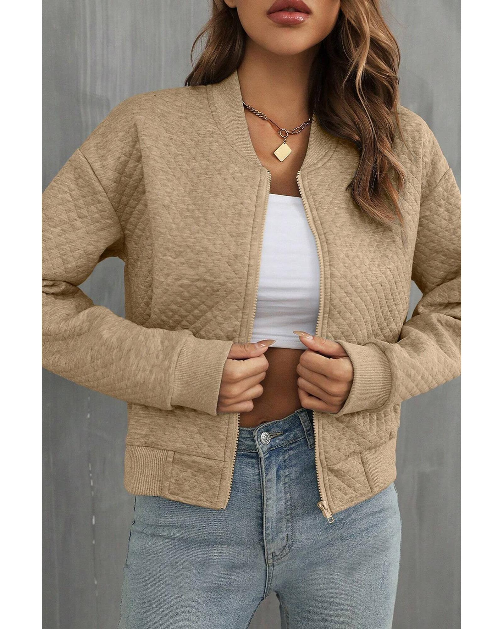 Azura Exchange Pale Khaki Solid Geometric Textured Baseball Collar Jacket Women - Picture 24 of 36