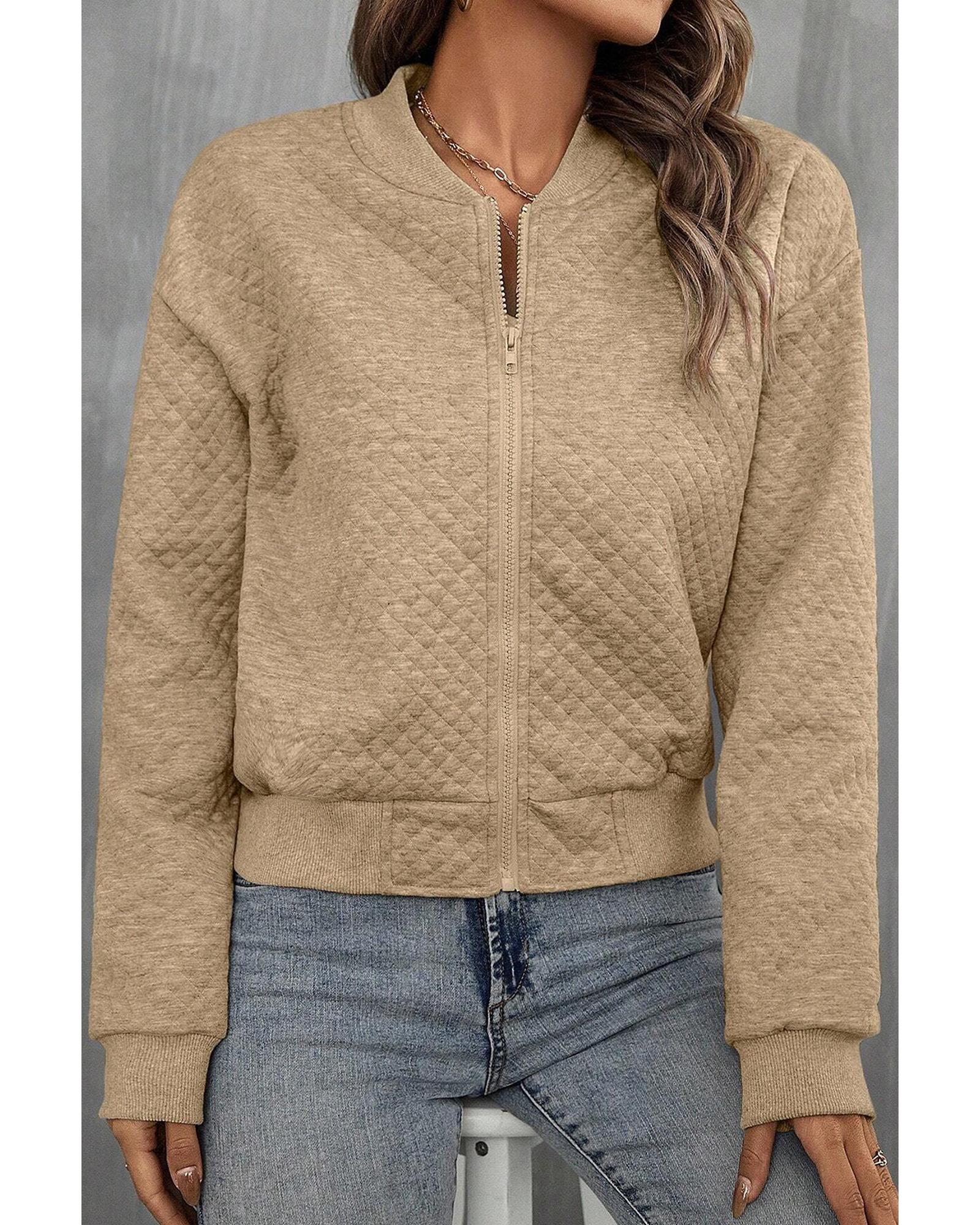 Azura Exchange Pale Khaki Solid Geometric Textured Baseball Collar Jacket Women - Picture 13 of 36