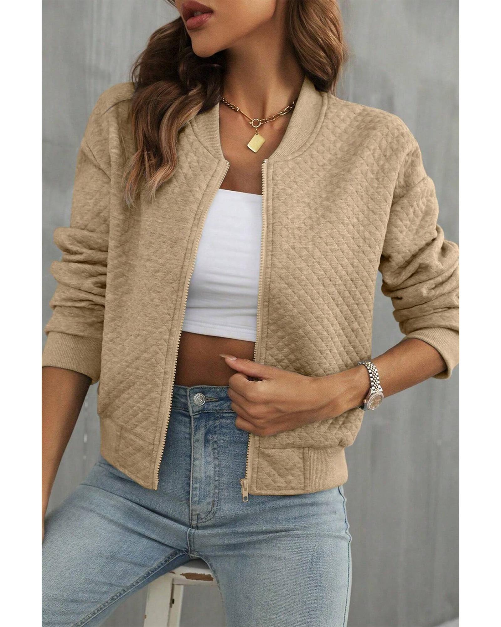Azura Exchange Pale Khaki Solid Geometric Textured Baseball Collar Jacket Women - Picture 14 of 36