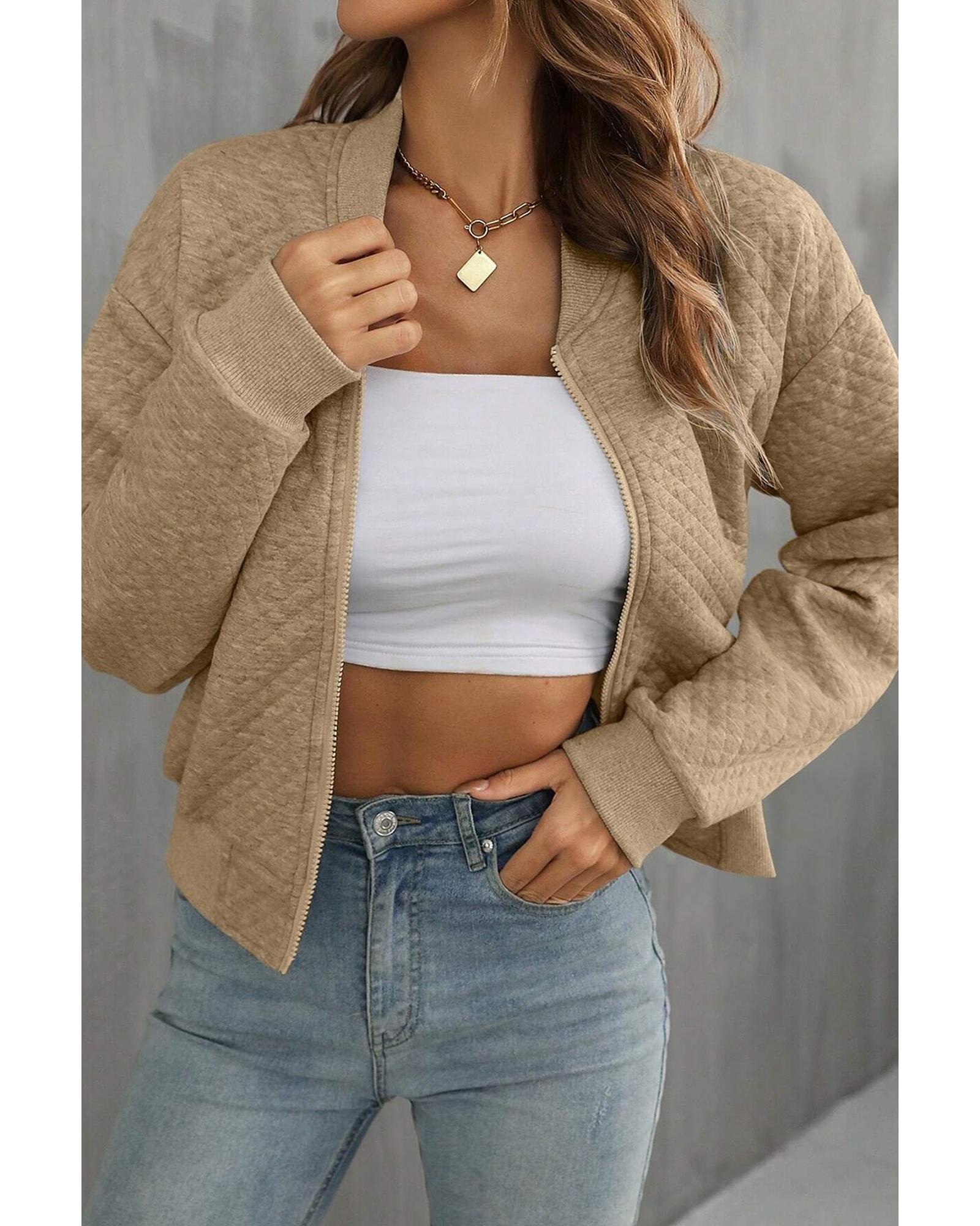 Azura Exchange Pale Khaki Solid Geometric Textured Baseball Collar Jacket Women - Picture 15 of 36
