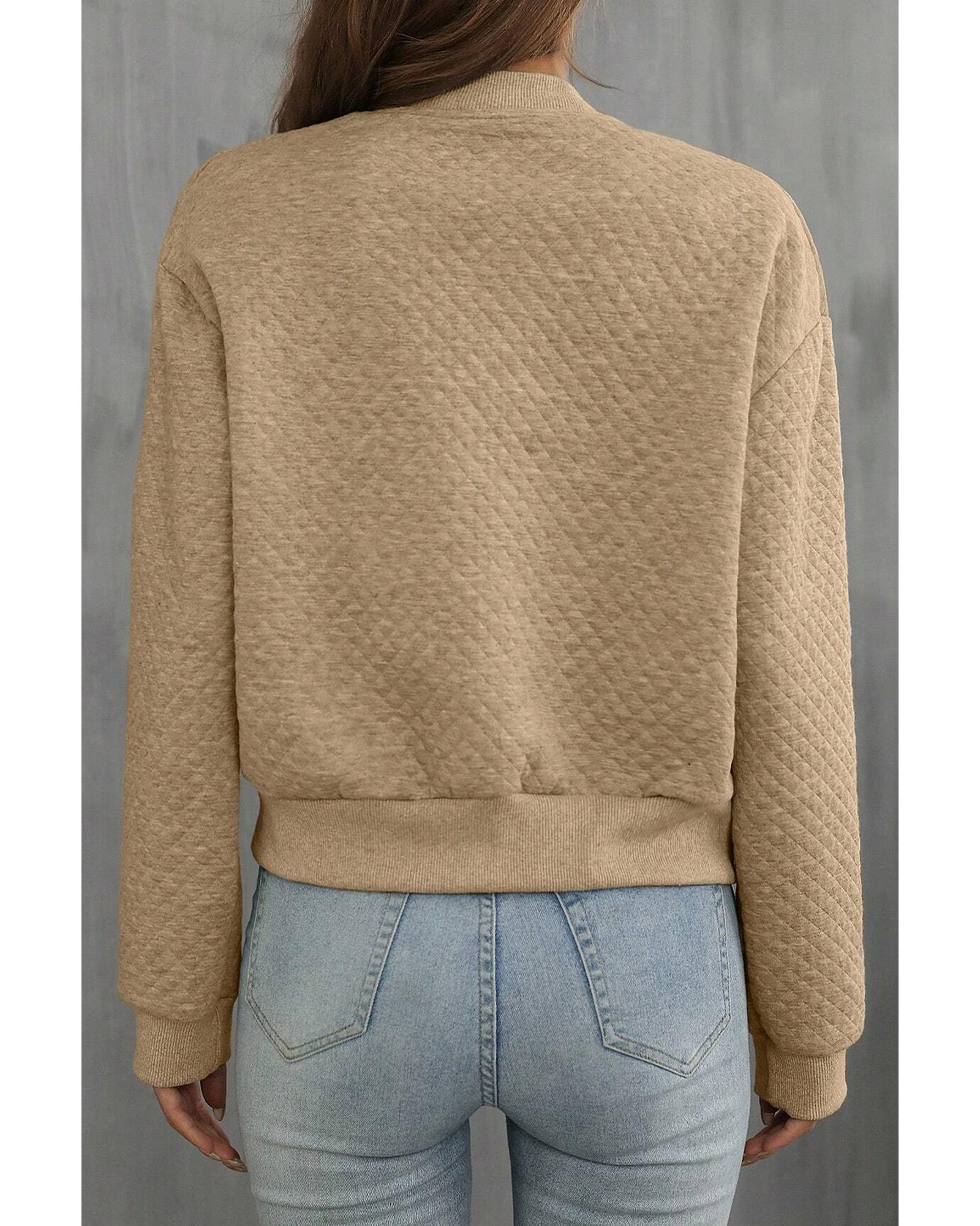 Azura Exchange Pale Khaki Solid Geometric Textured Baseball Collar Jacket Women - Picture 16 of 36
