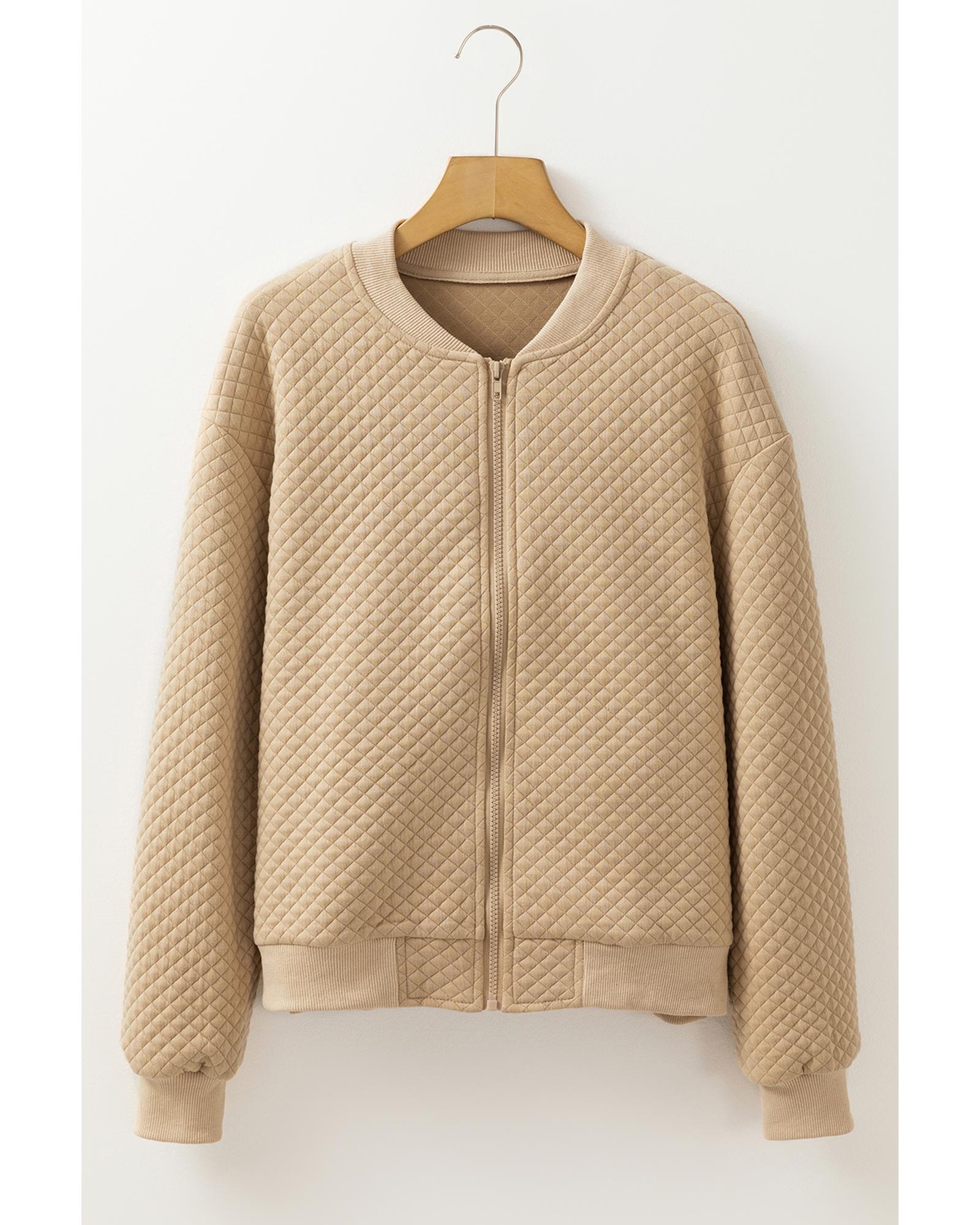 Azura Exchange Pale Khaki Solid Geometric Textured Baseball Collar Jacket Women - Picture 17 of 36