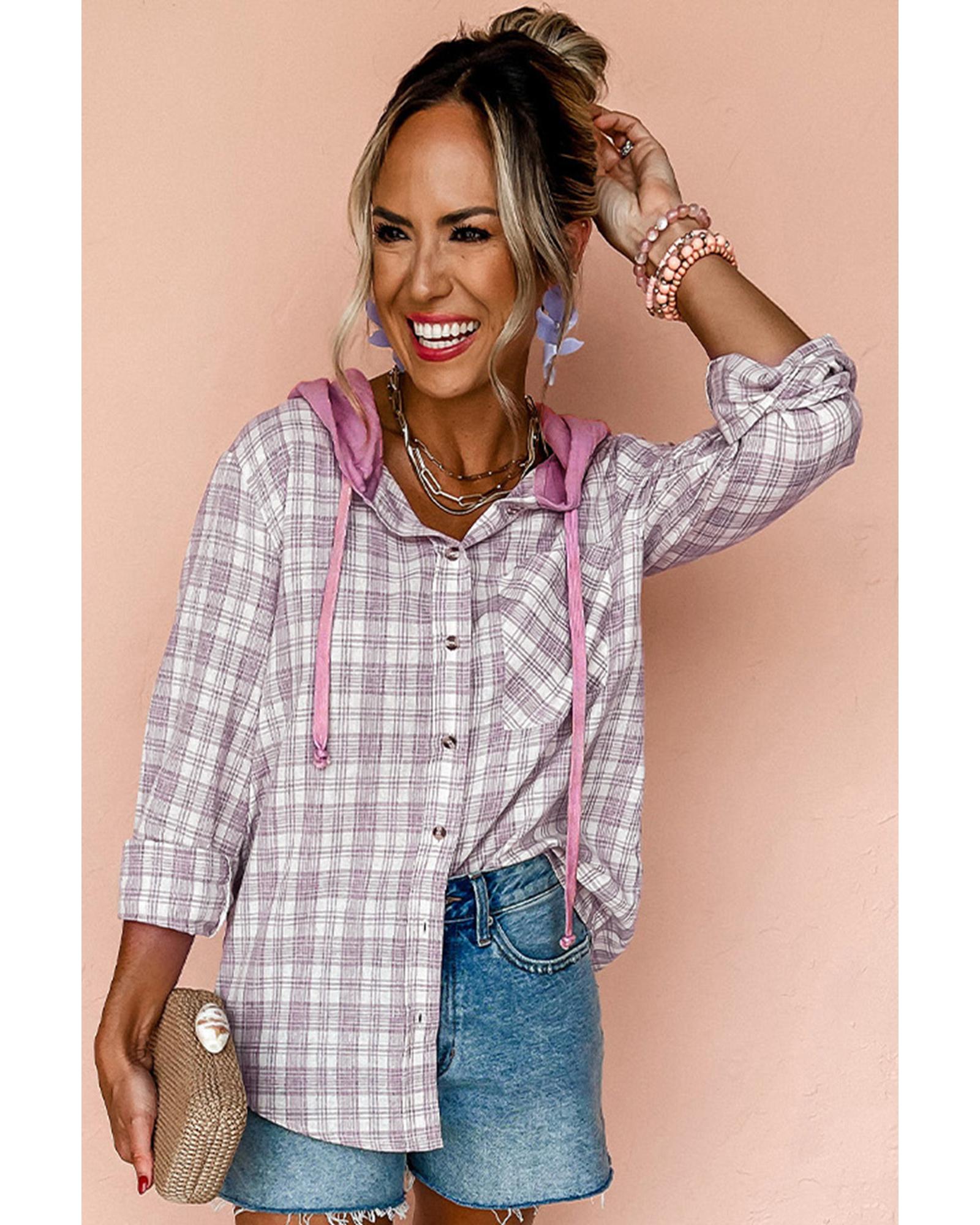 Azura Exchange Pink Checkered Print Loose Fit Buttoned Hooded Shacket Women - Picture 31 of 48