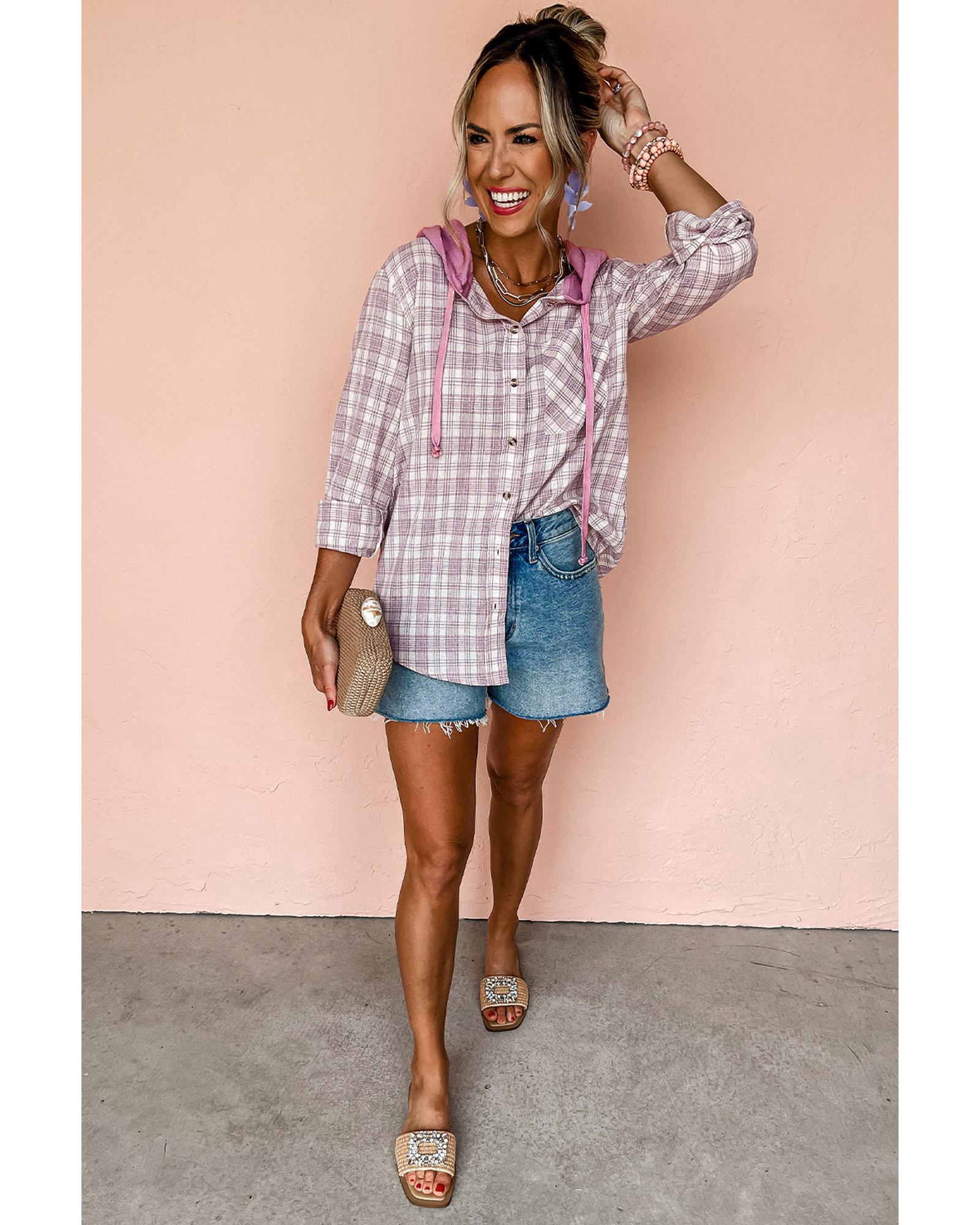 Azura Exchange Pink Checkered Print Loose Fit Buttoned Hooded Shacket Women - Picture 13 of 48
