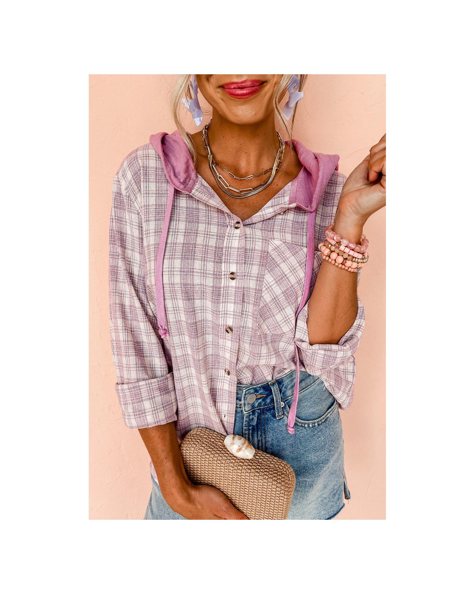 Azura Exchange Pink Checkered Print Loose Fit Buttoned Hooded Shacket Women - Picture 18 of 48