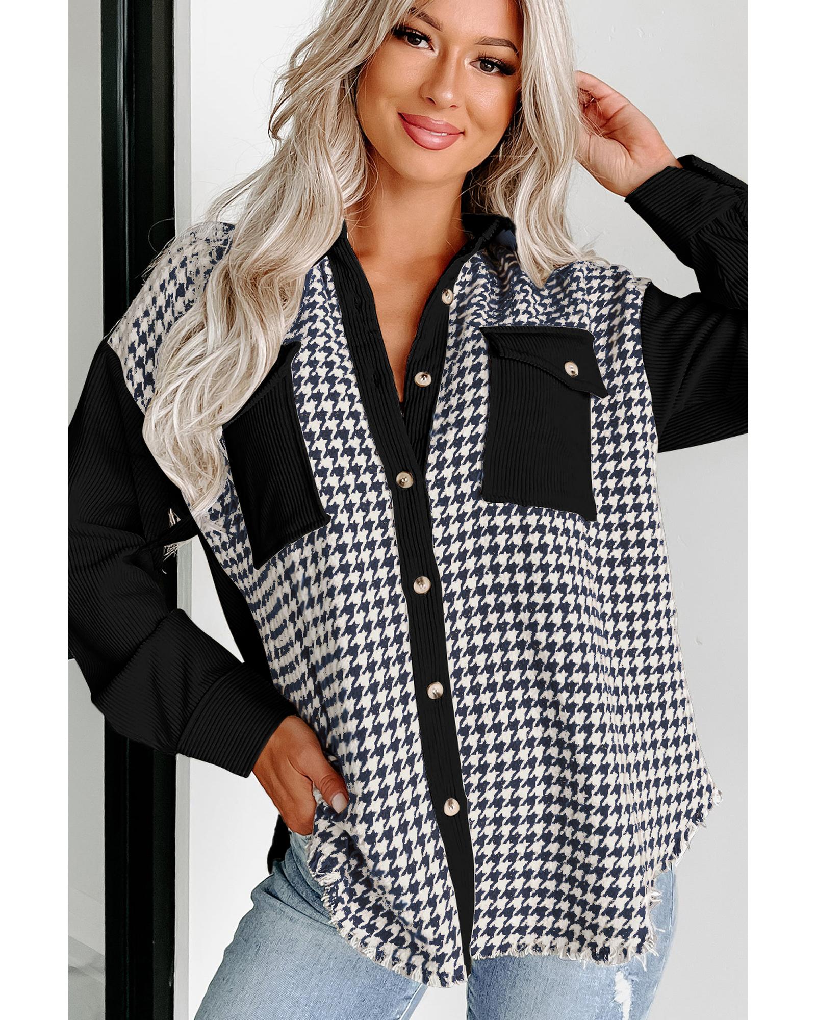 Azura Exchange Black Houndstooth Corduroy Patchwork Flap Pocket Shacket Women - Picture 40 of 48