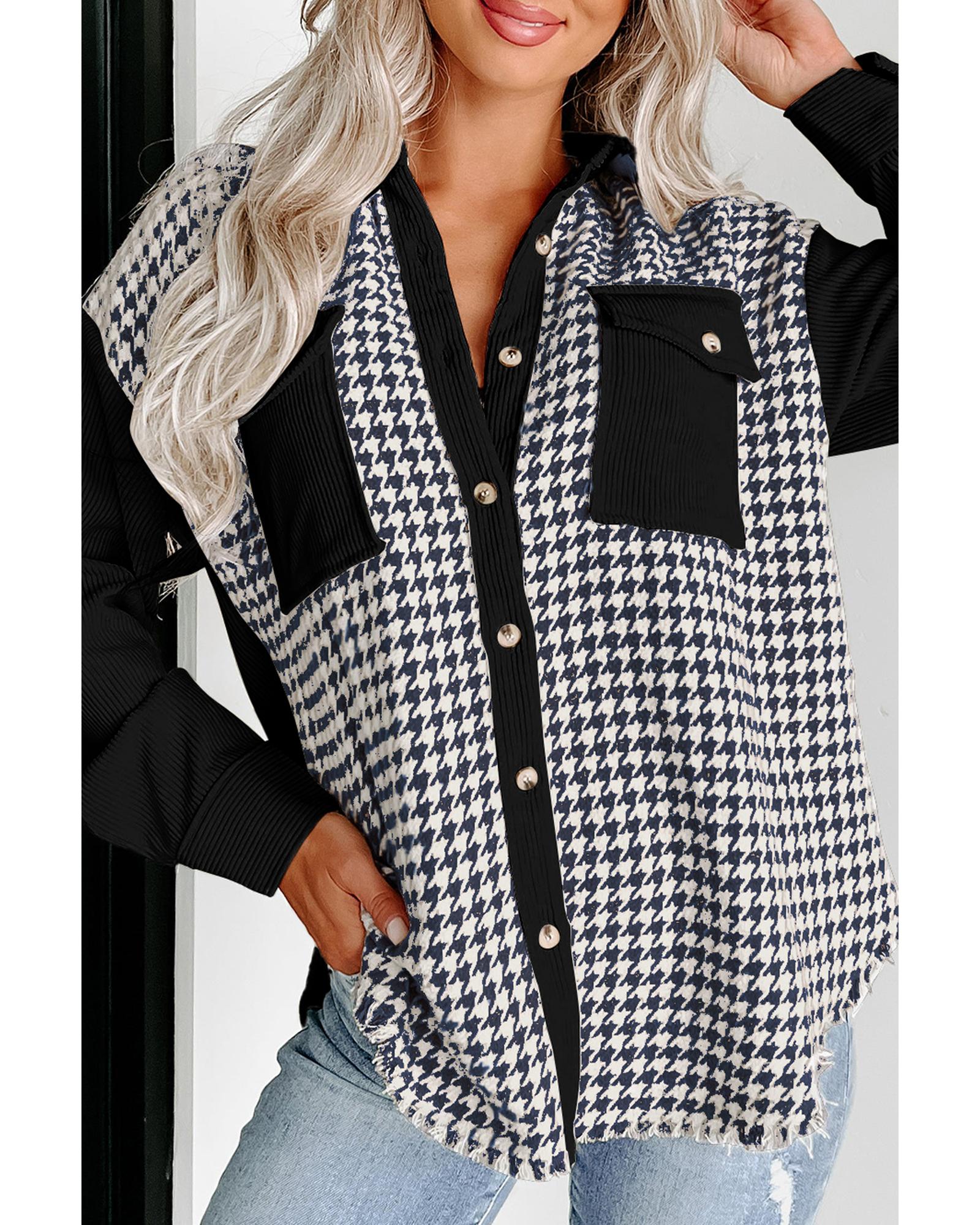 Azura Exchange Black Houndstooth Corduroy Patchwork Flap Pocket Shacket Women - Picture 41 of 48