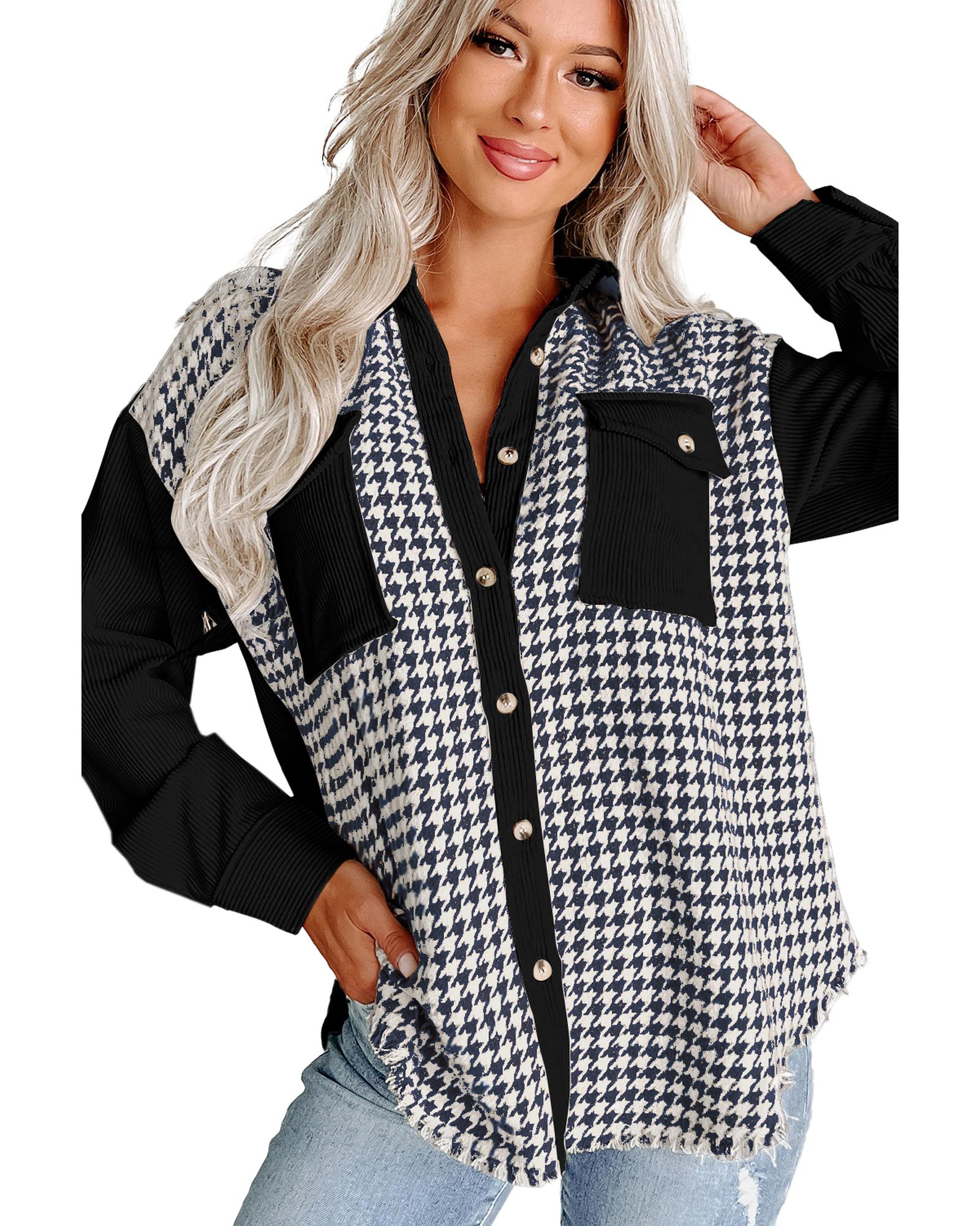 Azura Exchange Black Houndstooth Corduroy Patchwork Flap Pocket Shacket Women - Picture 25 of 48