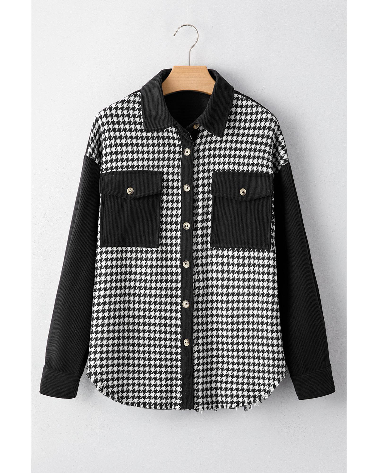 Azura Exchange Black Houndstooth Corduroy Patchwork Flap Pocket Shacket Women - Picture 31 of 48