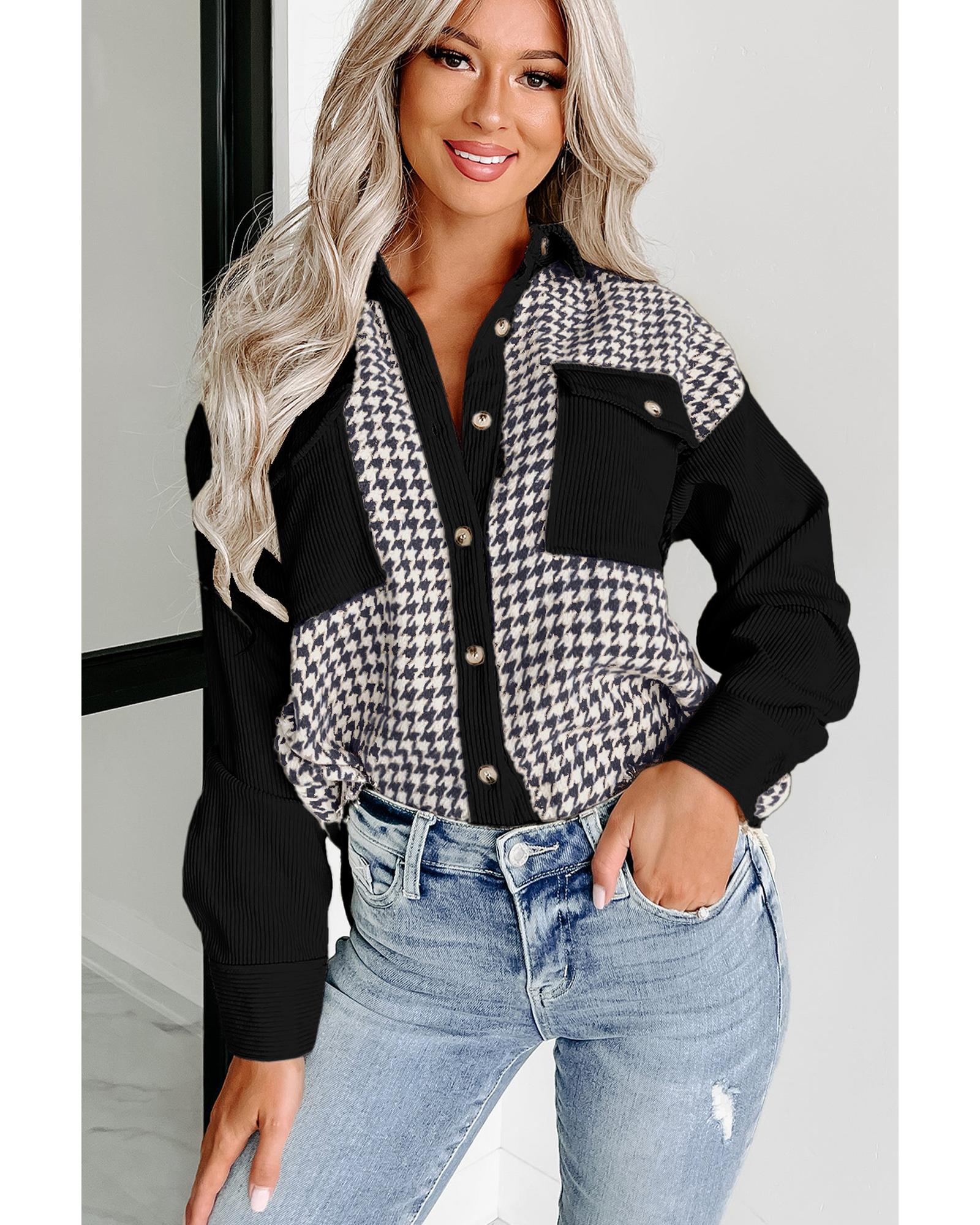 Azura Exchange Black Houndstooth Corduroy Patchwork Flap Pocket Shacket Women - Picture 33 of 48