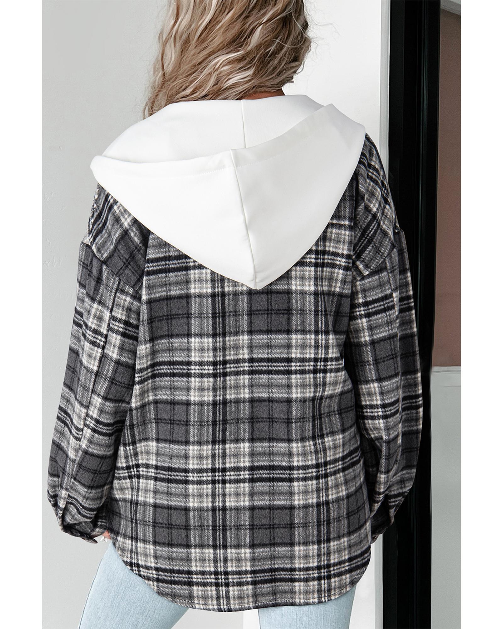 Azura Exchange Black Plaid Print Flap Pockets Contrast Hooded Loose Shacket - Picture 22 of 41