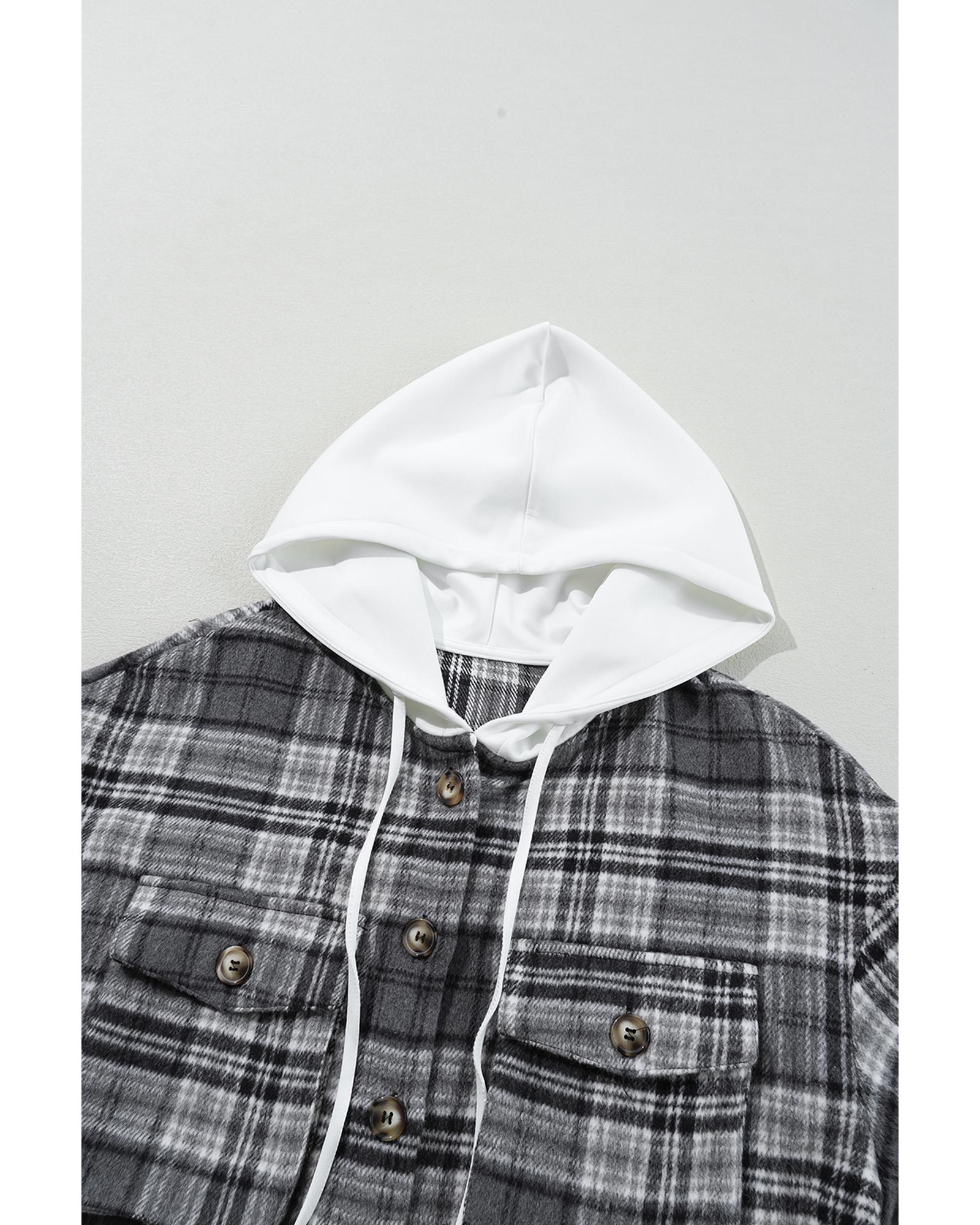 Azura Exchange Black Plaid Print Flap Pockets Contrast Hooded Loose Shacket - Picture 23 of 41
