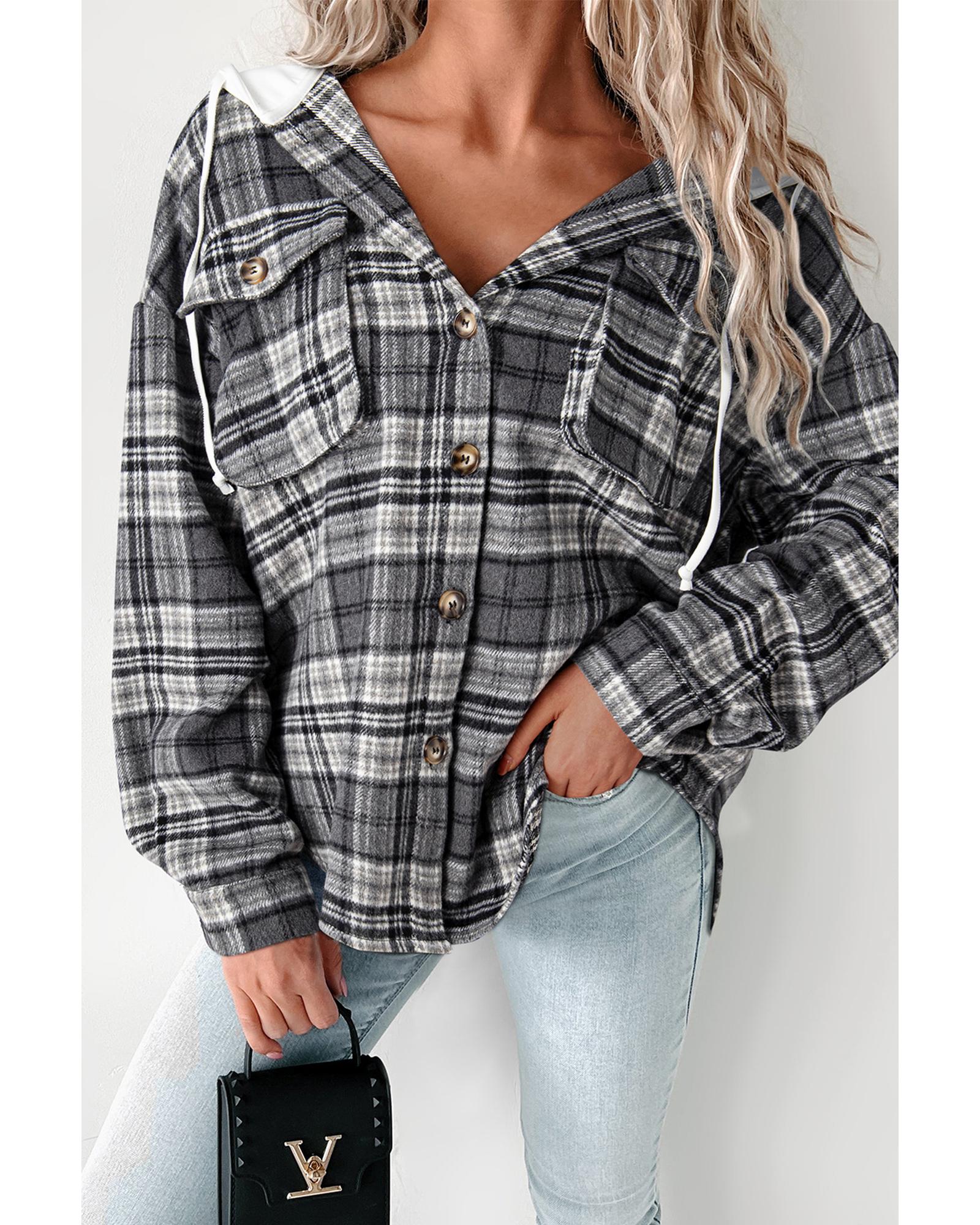 Azura Exchange Black Plaid Print Flap Pockets Contrast Hooded Loose Shacket - Picture 30 of 41