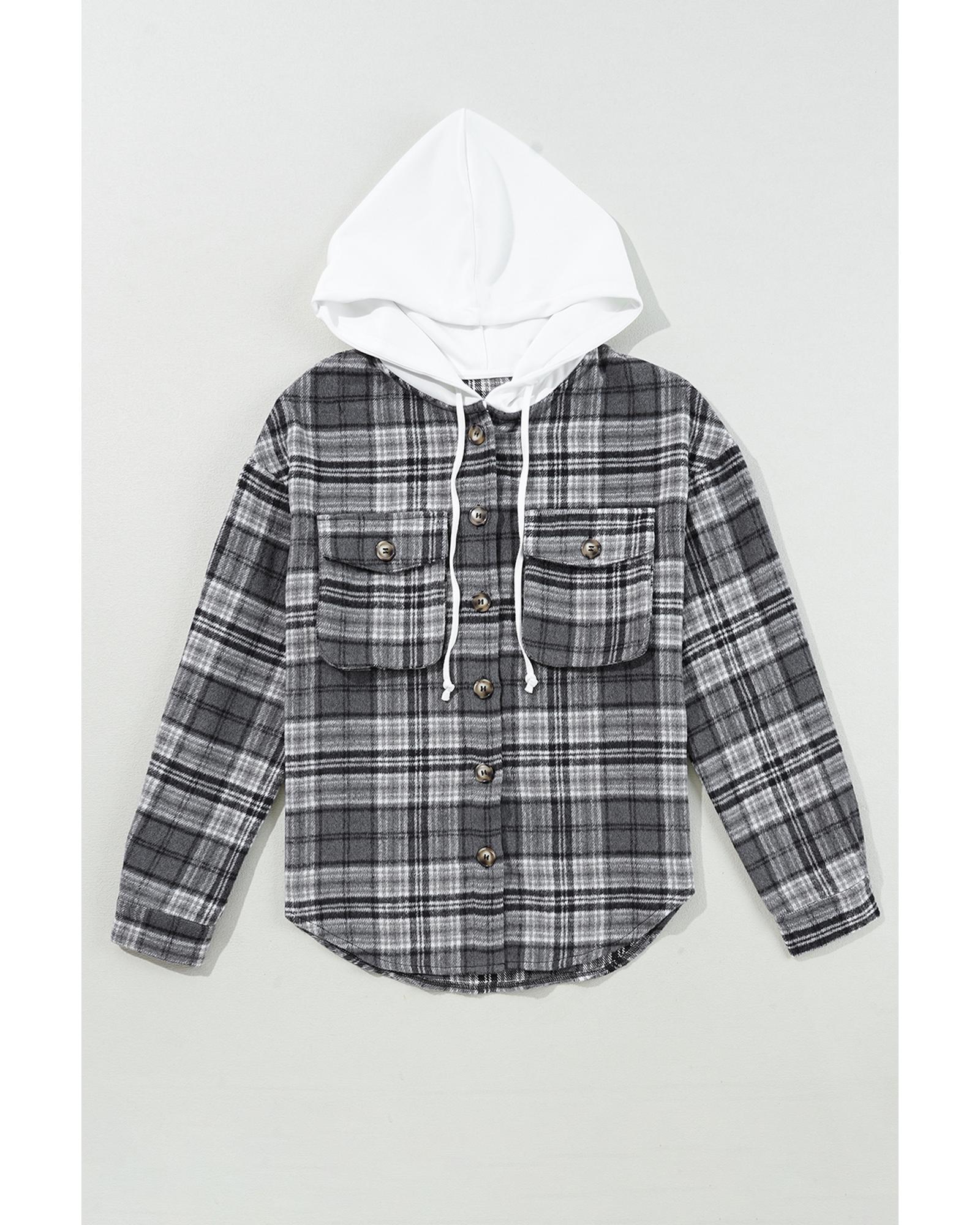 Azura Exchange Black Plaid Print Flap Pockets Contrast Hooded Loose Shacket - Picture 19 of 41