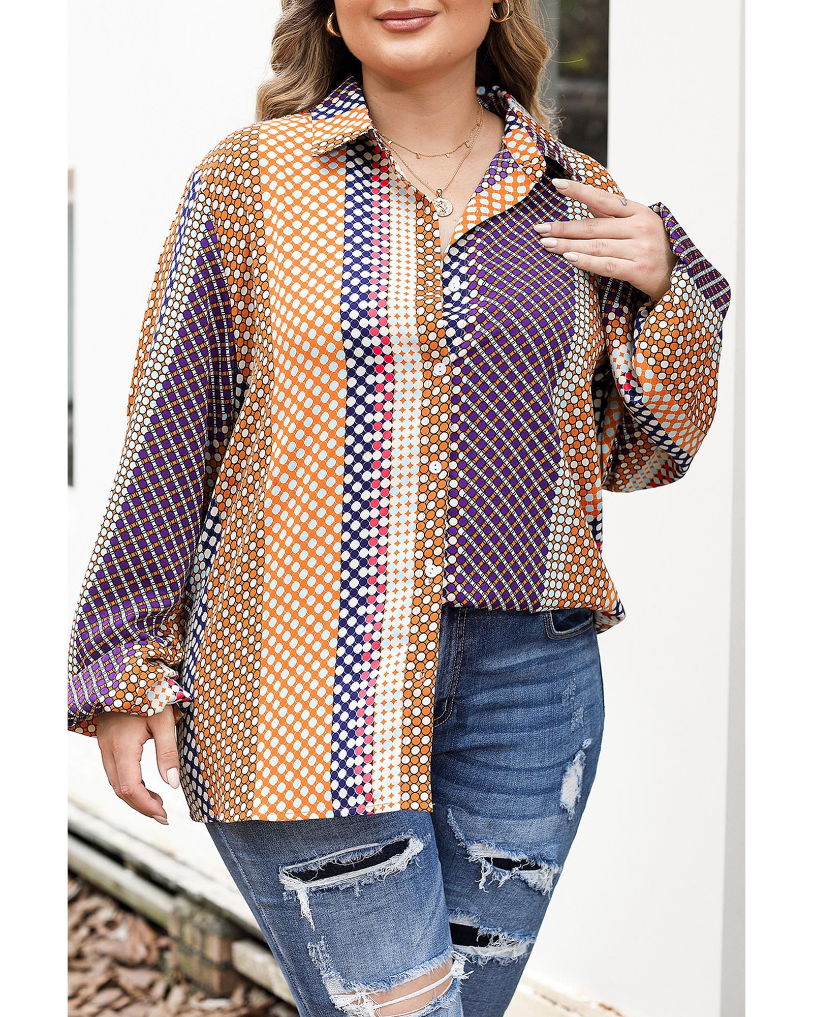 Brown Plus Size Mix Dotted Patchwork Button up Shirt - Tops | eBay