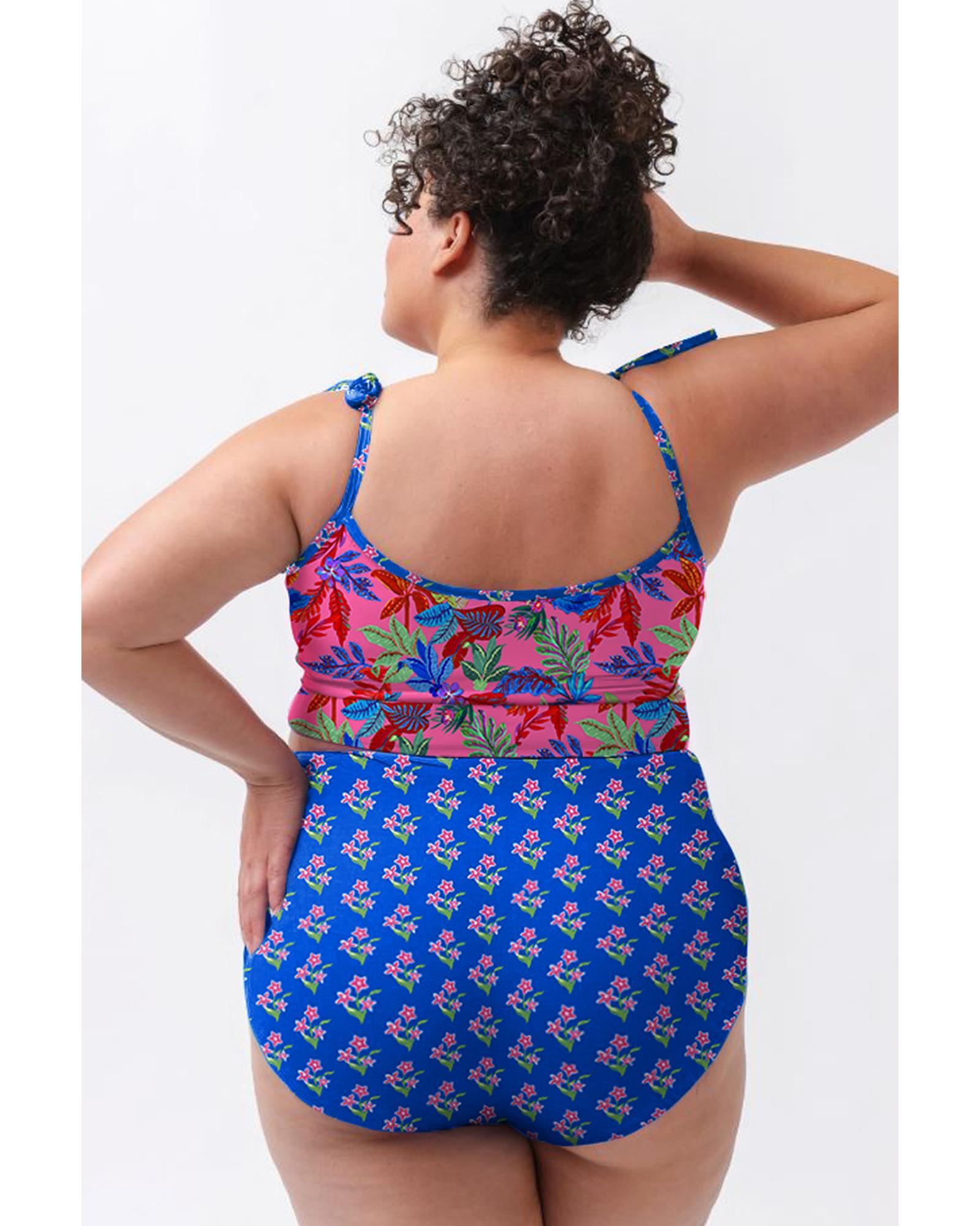 Azura Exchange Blue Fashion Print Tied Straps Crop Vest and High Waist Plus Size