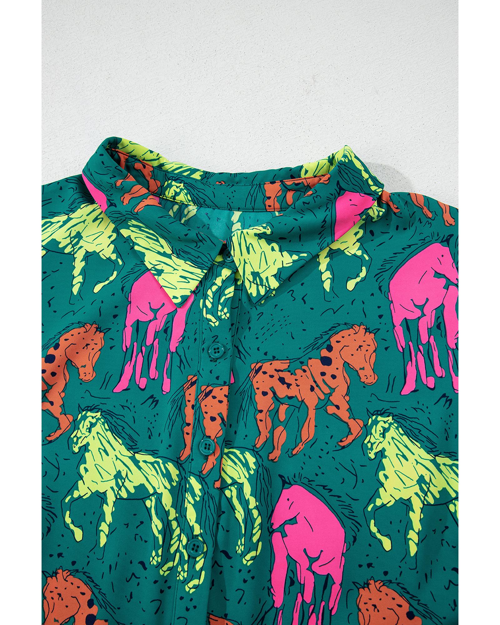 Azura Exchange Green Horse Printed Long Sleeve Collared Buttoned Plus Size Midi - Picture 22 of 48